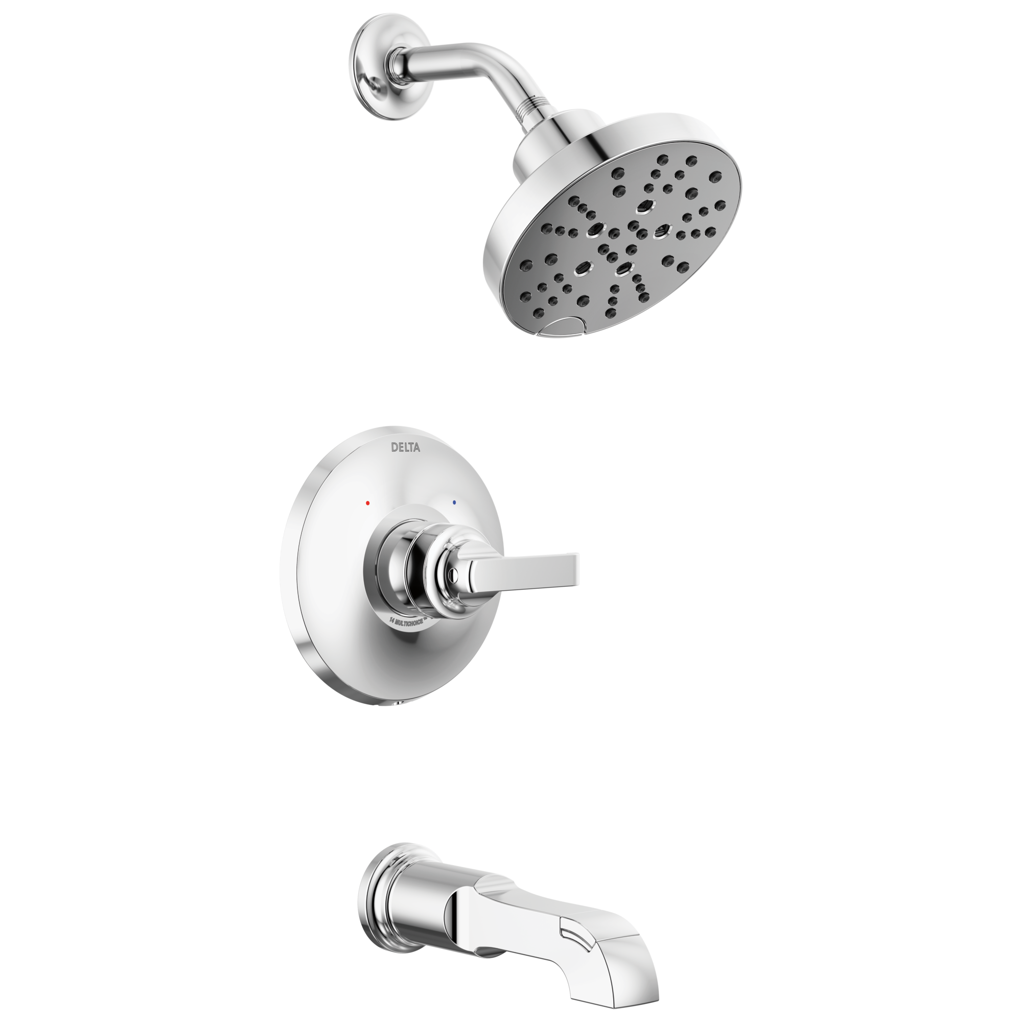 Grifo para bañera y ducha redonda de 6 pulgadas con cromo brillante de Delta Tetra Lumicoat de 1 mango y función múltiple T14489-PR
