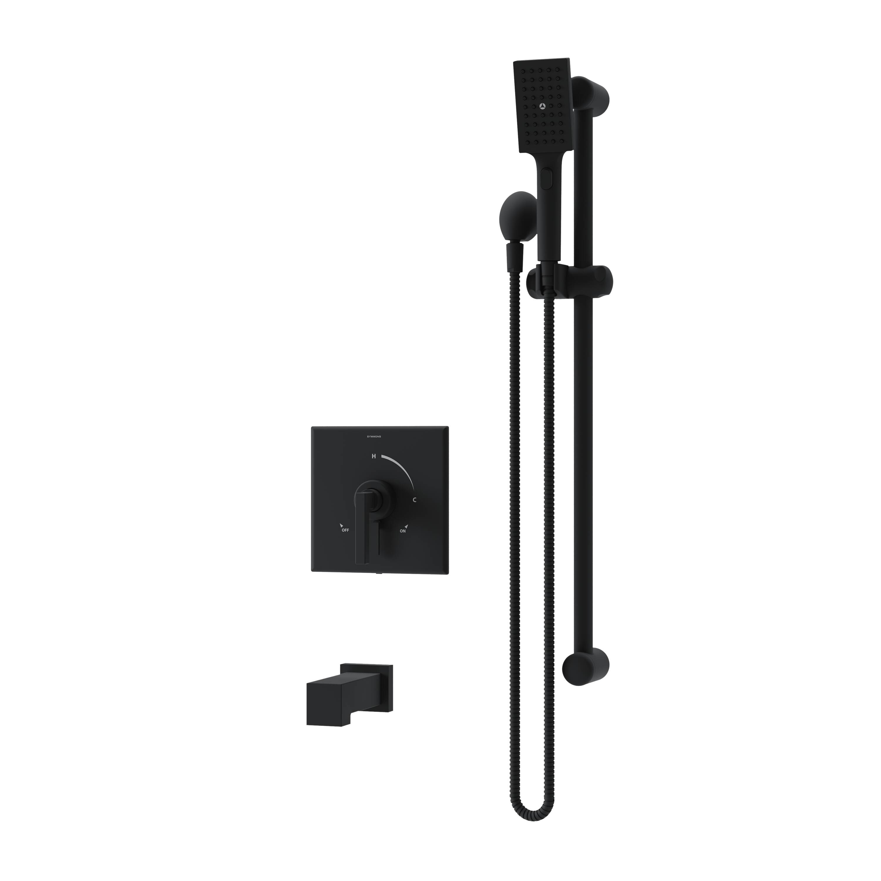 Grifo para Bañera y regadera de un solo mango en Negro Mate Duro de Symmons, con función única y cuadrada de 3.94 pulgadas