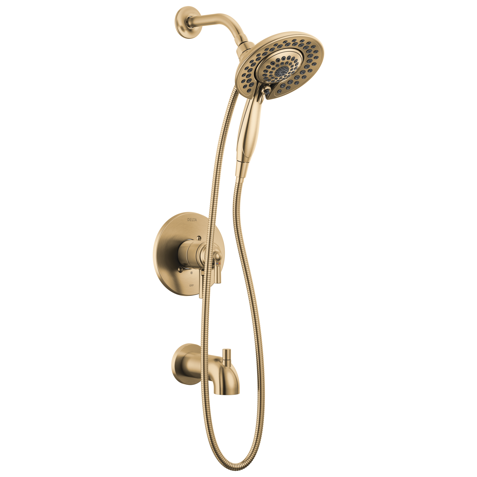 Grifo de bañera y ducha redondo de 6.81 pulgadas, multi-función, de 2 manijas en bronce champagne Delta Saylor T17435-CZ-I.