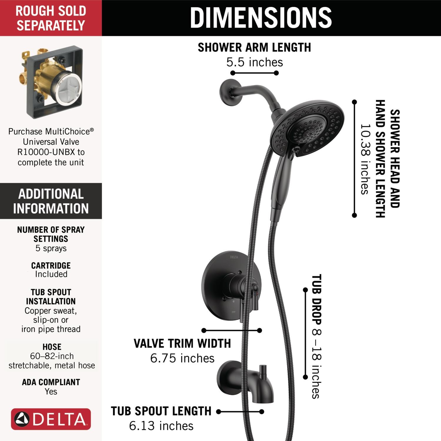 Grifo para bañera y ducha redonda multi-función de 6.81 pulgadas con 2 manijas en negro mate Delta Saylor