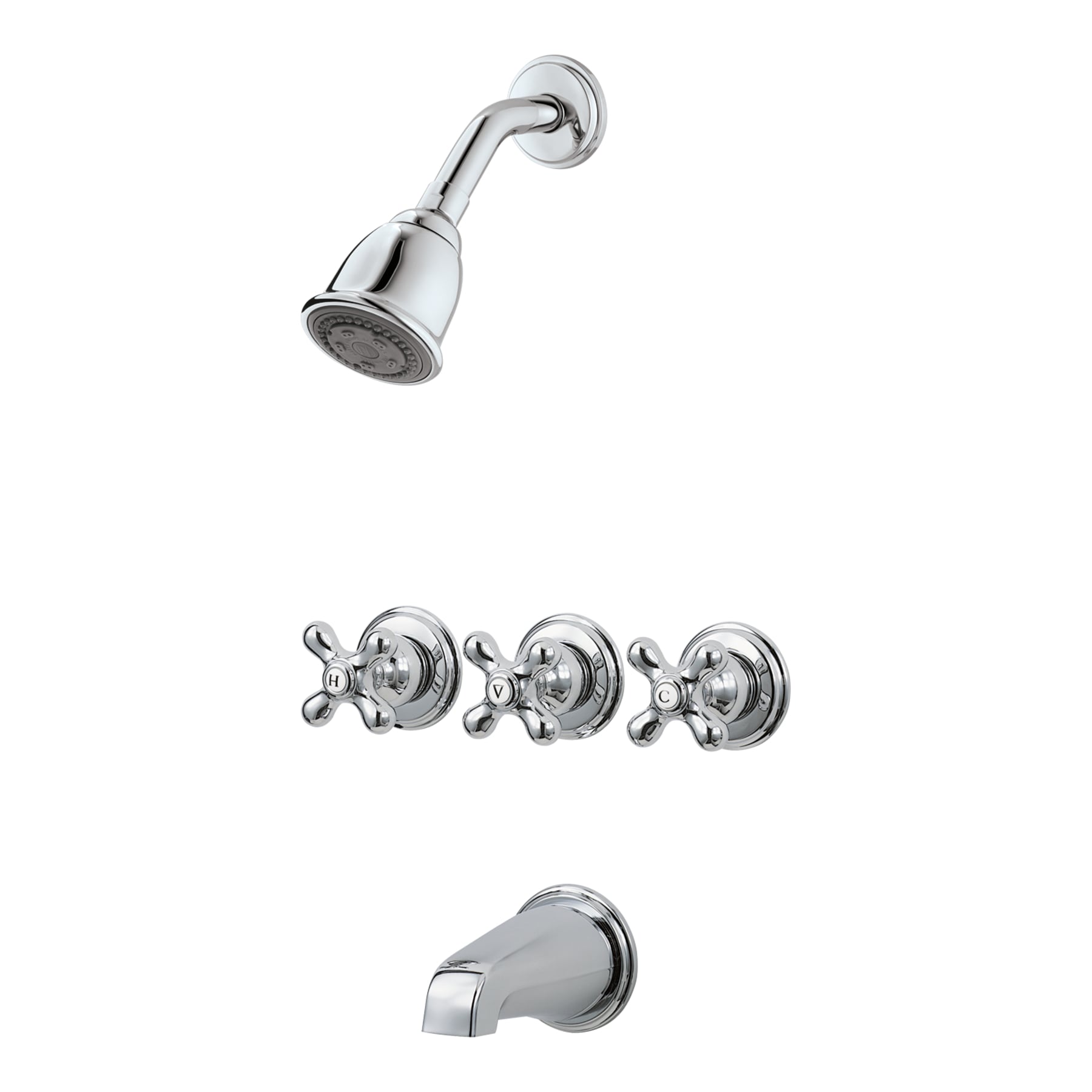 Grifo para bañera y ducha redondo de 2.9375 pulgadas con 3 manijas, función única y acabado cromado brillante Pfister con válvula