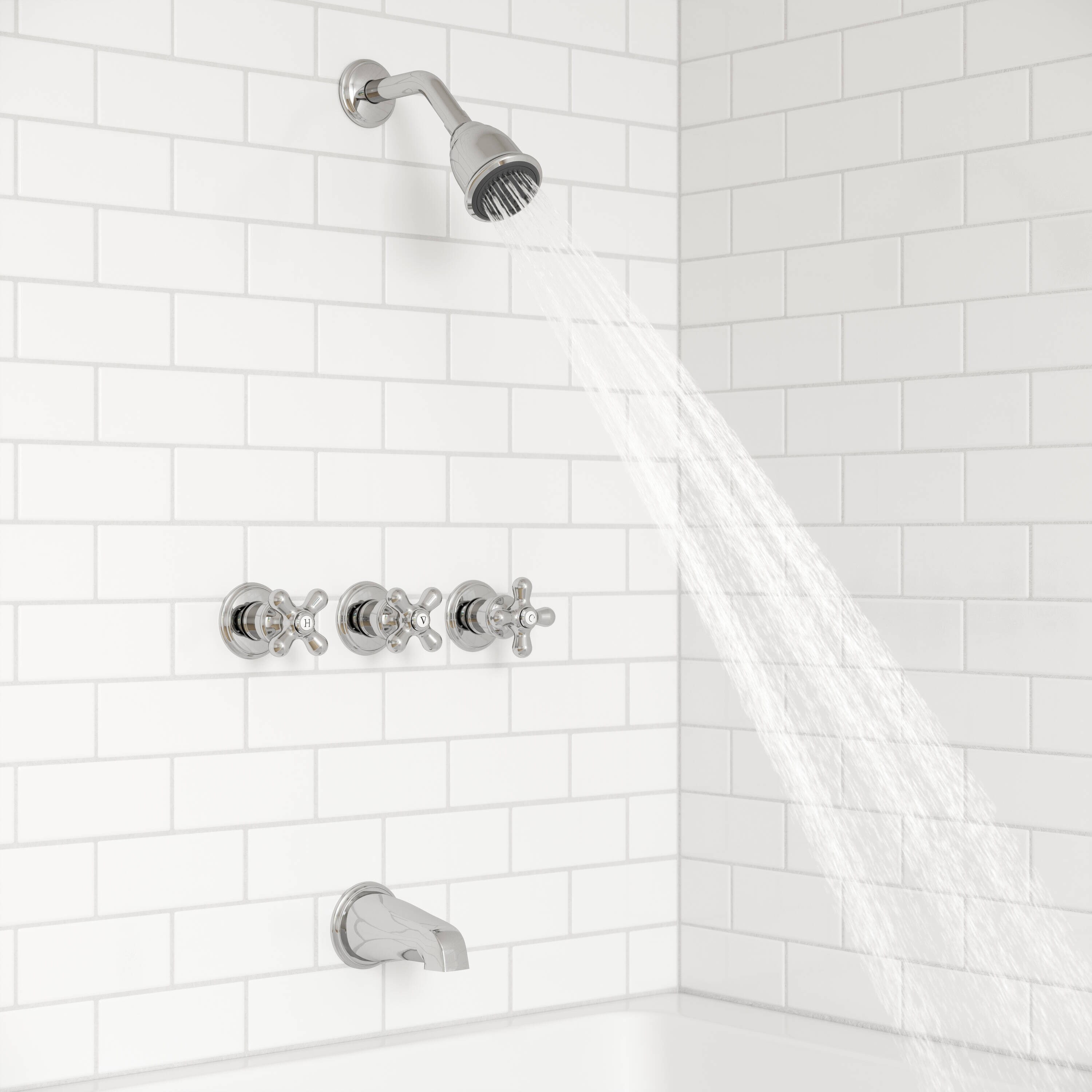 Grifo para bañera y ducha redondo de 2.9375 pulgadas con 3 manijas, función única y acabado cromado brillante Pfister con válvula