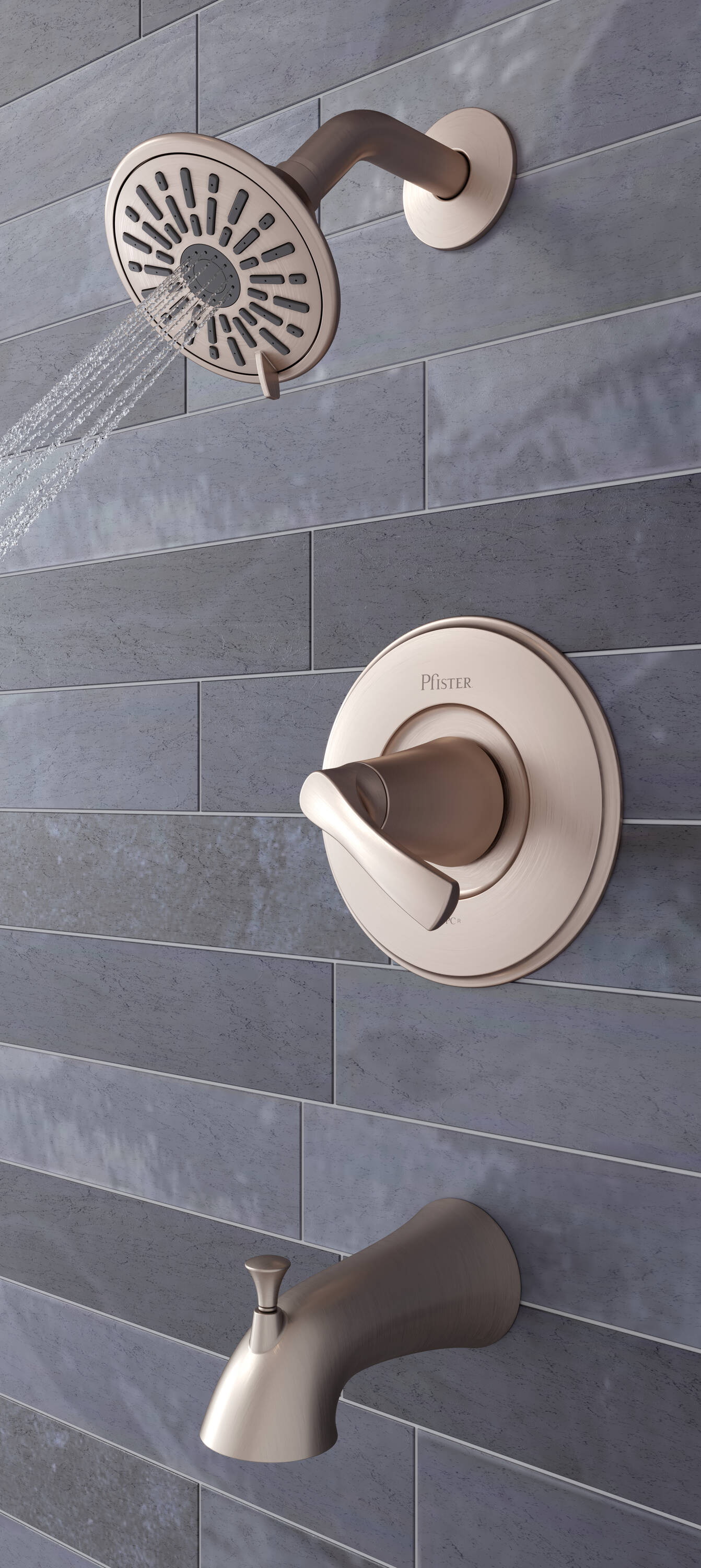 Llave mezcladora de bañera y ducha redonda de 3.84 pulgadas con acabado en níquel cepillado y un mango, modelo Masey de Pfister, con función multiuso y válvula incluida 8P8-WS2-MCSK.