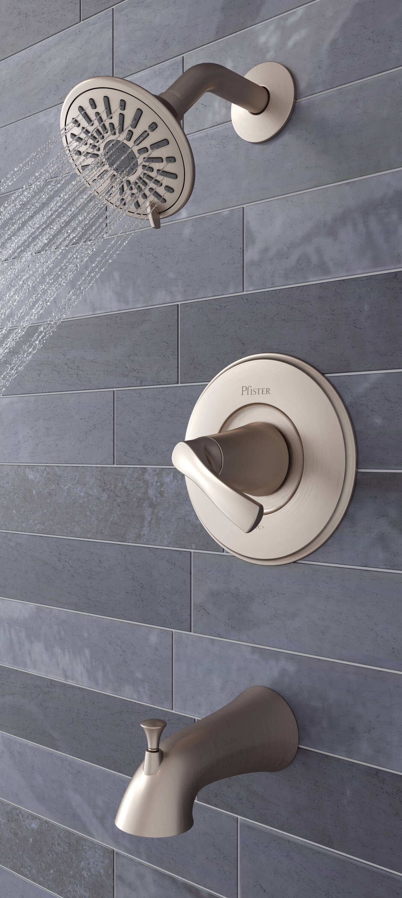 Llave mezcladora de bañera y ducha redonda de 3.84 pulgadas con acabado en níquel cepillado y un mango, modelo Masey de Pfister, con función multiuso y válvula incluida 8P8-WS2-MCSK.