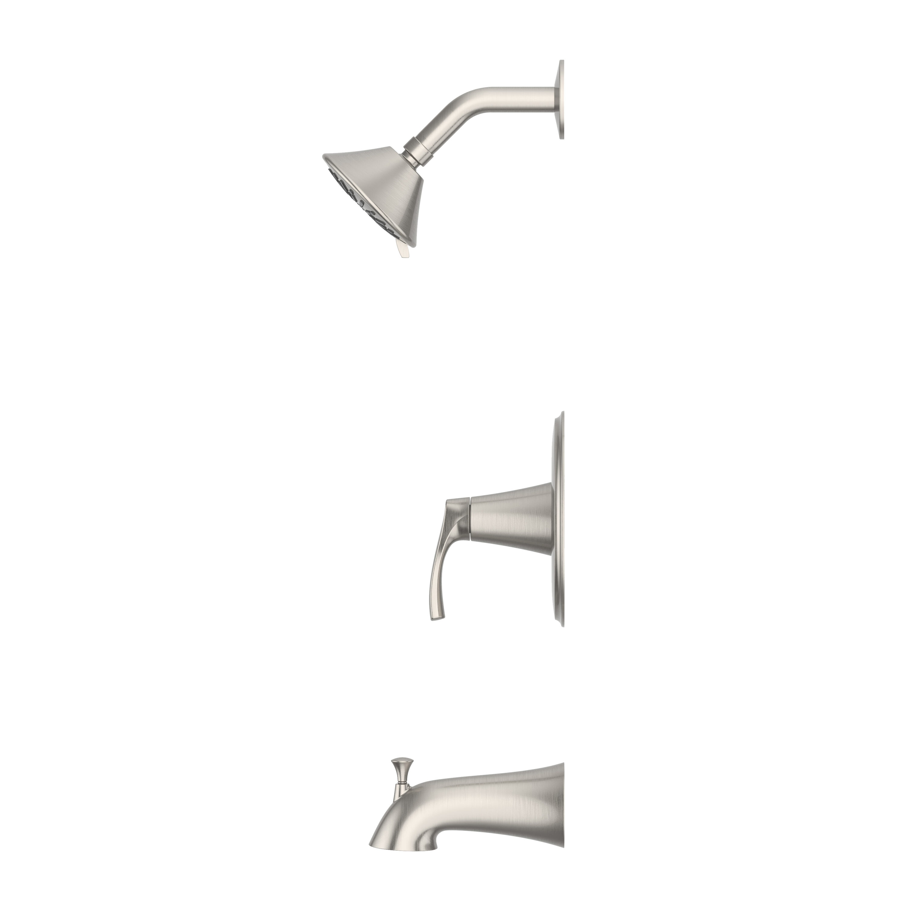 Llave mezcladora de bañera y ducha redonda de 3.84 pulgadas con acabado en níquel cepillado y un mango, modelo Masey de Pfister, con función multiuso y válvula incluida 8P8-WS2-MCSK.