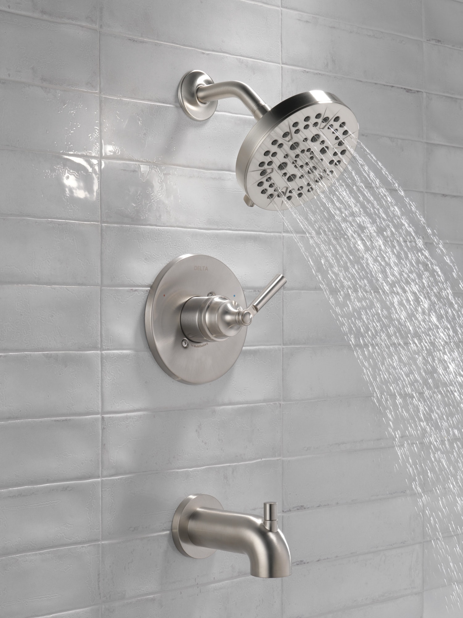 Grifo para bañera y ducha redondo de acero inoxidable de una manija y función múltiple de 6 pulgadas Delta Saylor