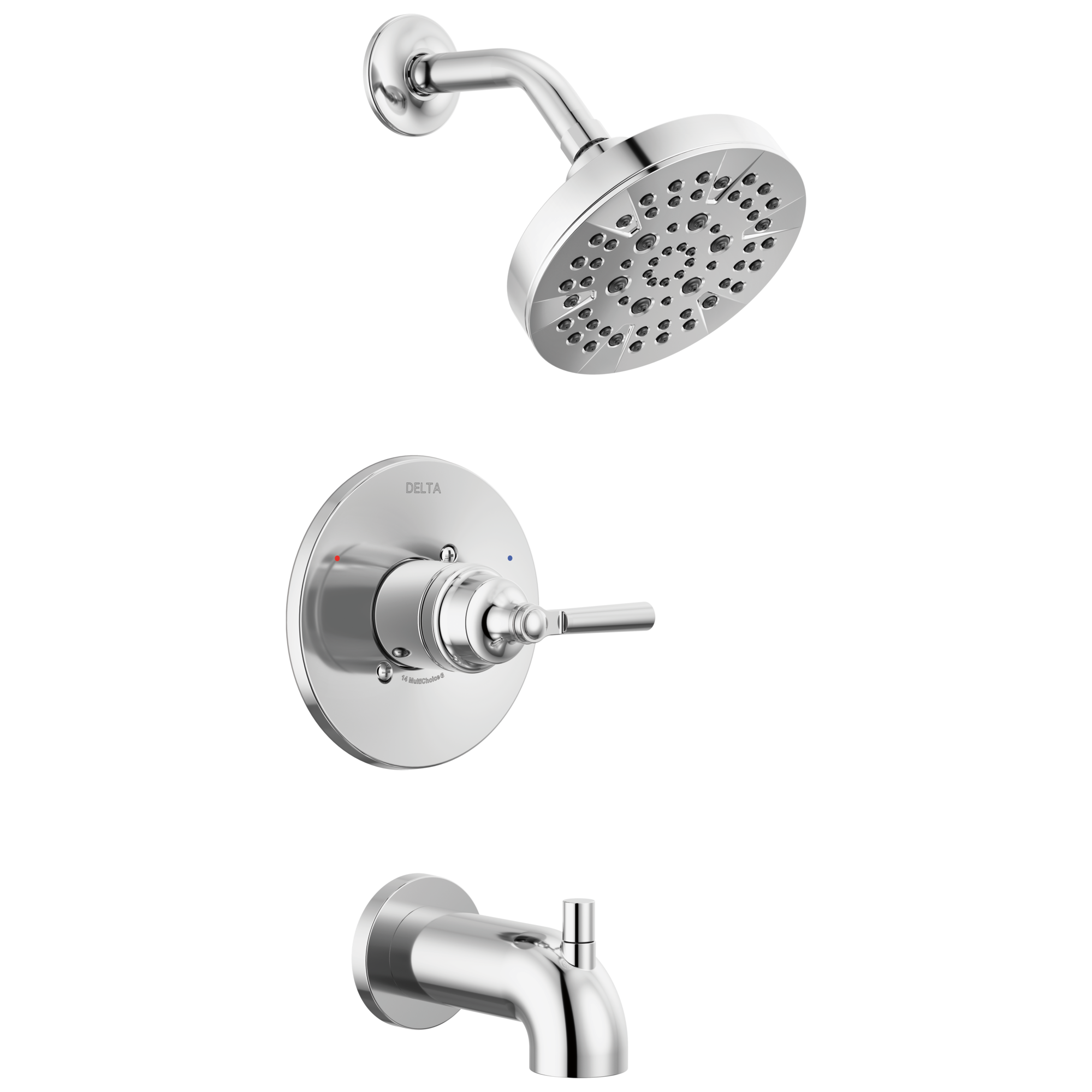 Grifo para bañera y regadera redonda de 6 pulgadas de función múltiple con un mango, en cromo Delta Saylor T14435.