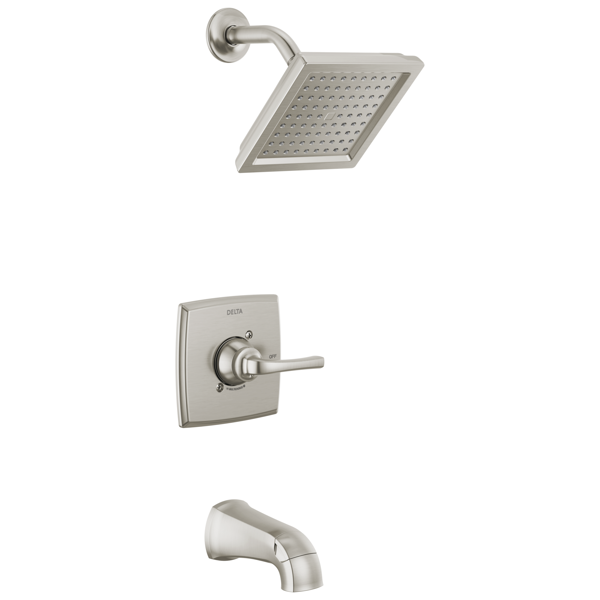 Grifo de bañera y ducha de una sola función de 6.56 pulgadas cuadradas en niquel cepillado con manija individual y tecnología Spotshield Delta Geist, incluye válvula 144864-SP.