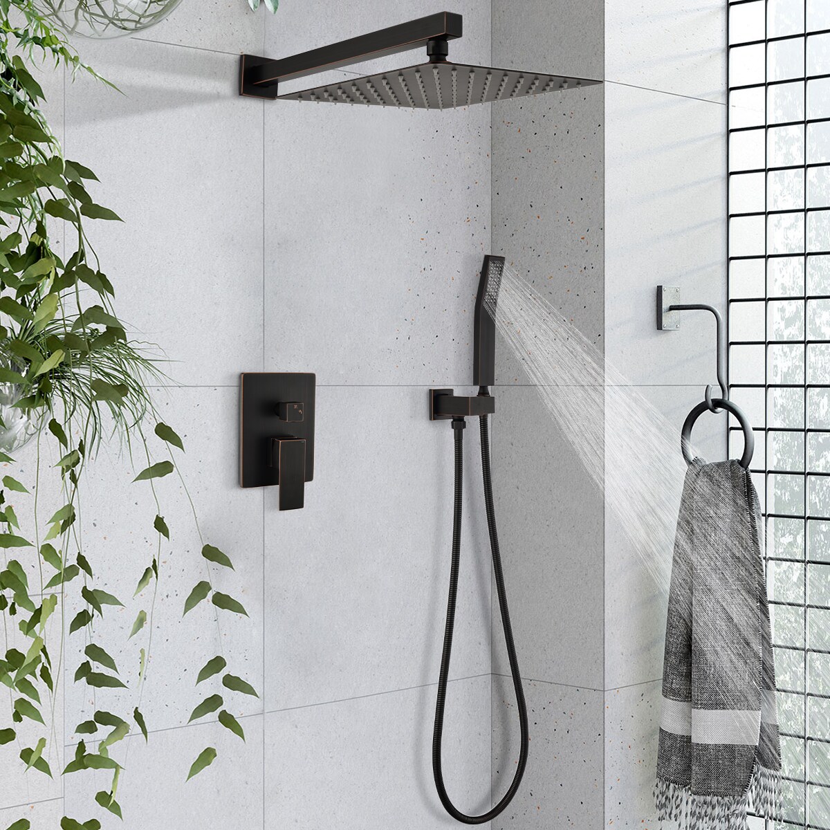 Sistema de regadera WELLFOR DT en bronce frotado con aceite, 1 manija, función única, regadera cuadrada de 10 pulgadas con válvula DTG-806CS10ORB.