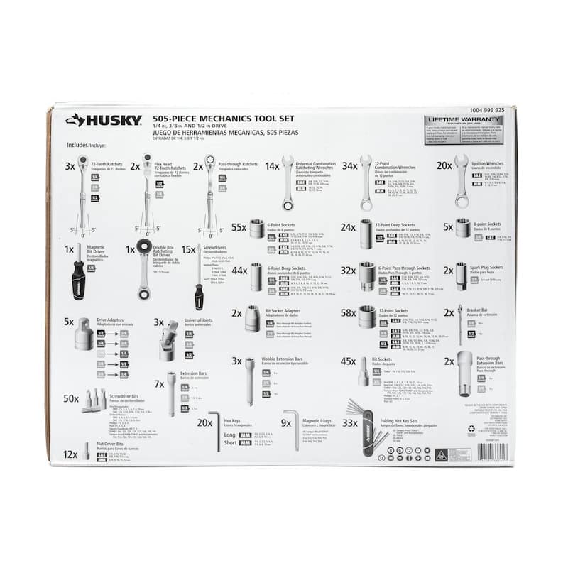 Juego de herramientas mecánicas Husky de 1/4 in., 3/8 in. y 1/2 in., con unidades SAE/Métricas, en presentación superficial y profunda (505 piezas) - H505MTSPO