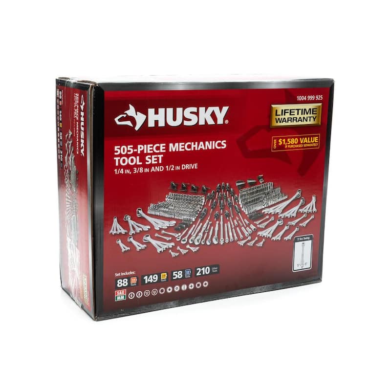Juego de herramientas mecánicas Husky de 1/4 in., 3/8 in. y 1/2 in., con unidades SAE/Métricas, en presentación superficial y profunda (505 piezas) - H505MTSPO