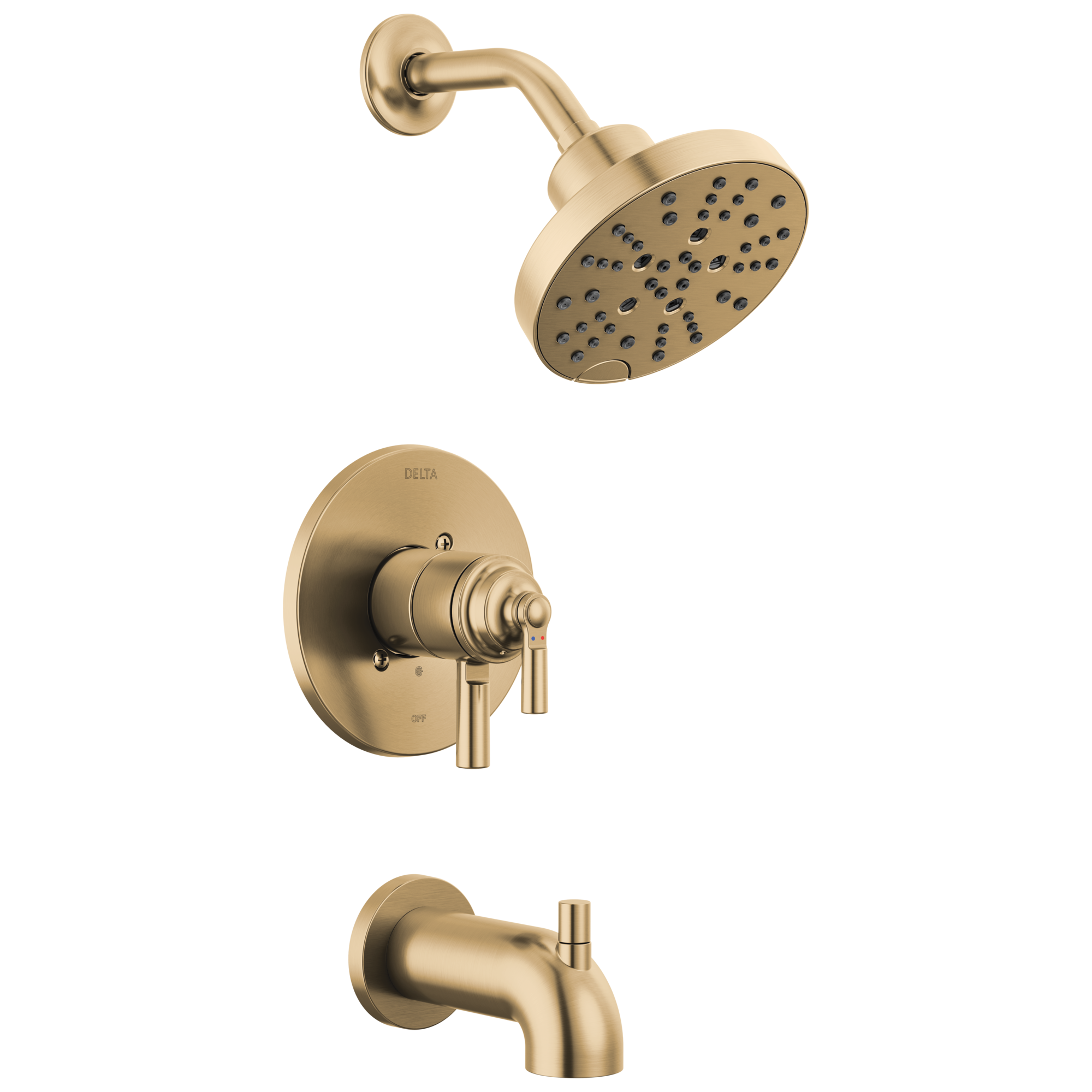 Llave Mezcladora de Bañera y Regadera de 2 Manijas en Bronce Champán de Delta Saylor de 6 Pulgadas de Funciones Múltiples.