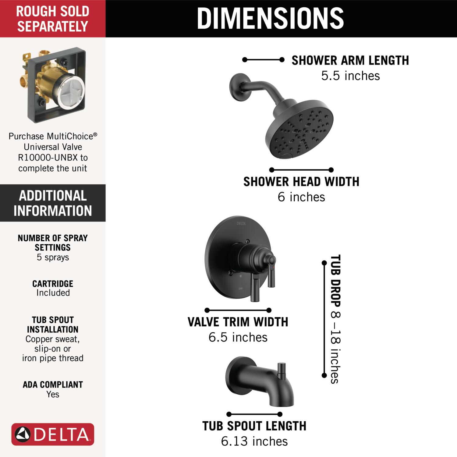 Grifo para bañera y regadera redonda de 6 pulgadas con 2 manijas en negro mate Delta Saylor