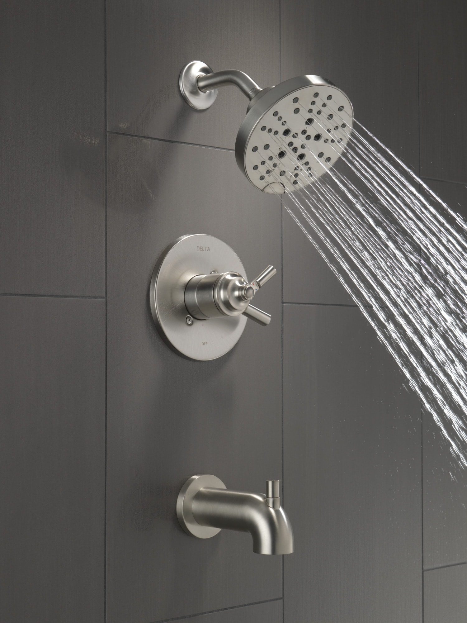 Grifo de bañera redonda y ducha de acero inoxidable Delta Saylor de 2 manijas y 6 pulgadas de función múltiple T17435-SS.