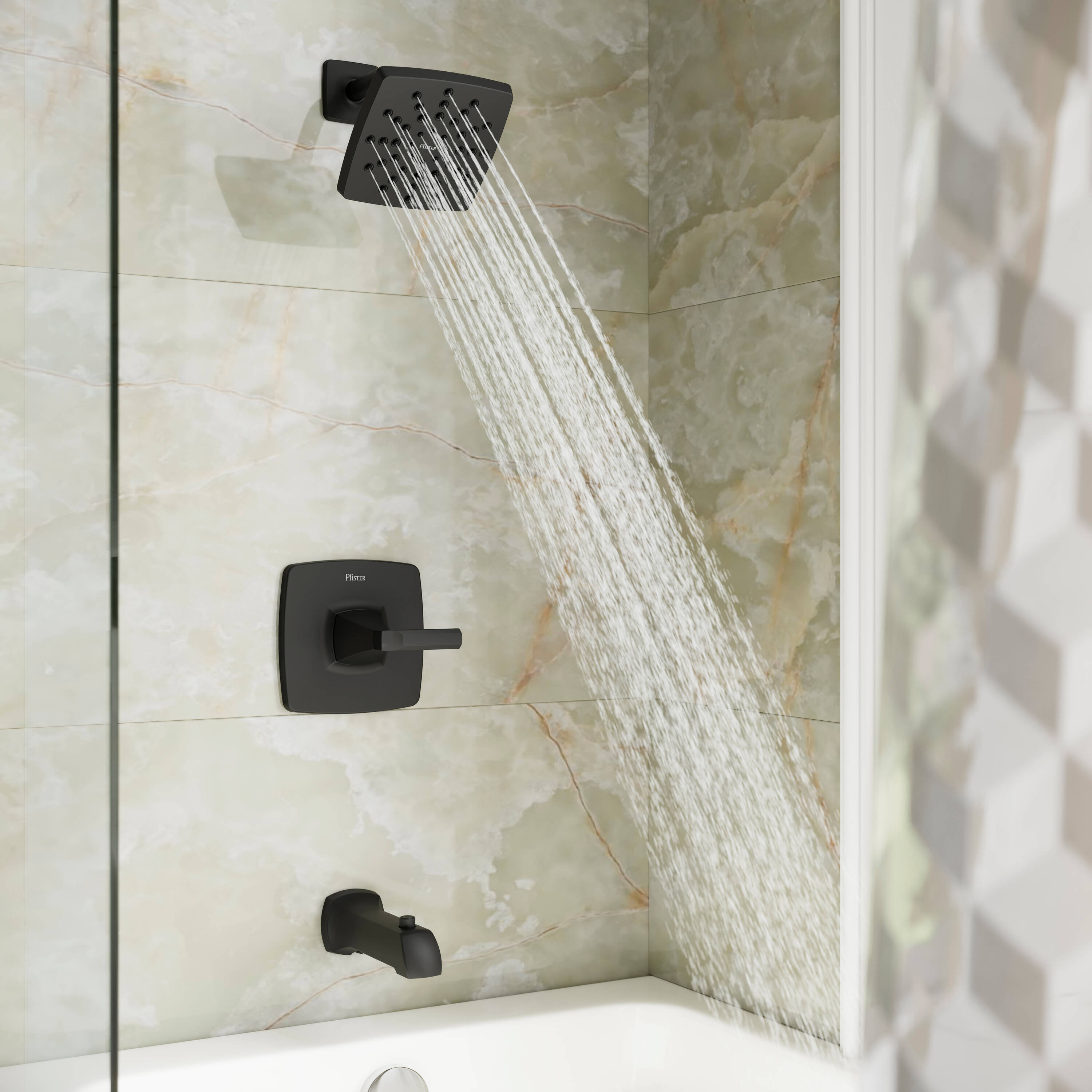 Grifo de Bañera y Ducha de Función Única de 6 Pulgadas, Cuadrado, de un Mango en Negro Mate Vaneri de Pfister con Válvula