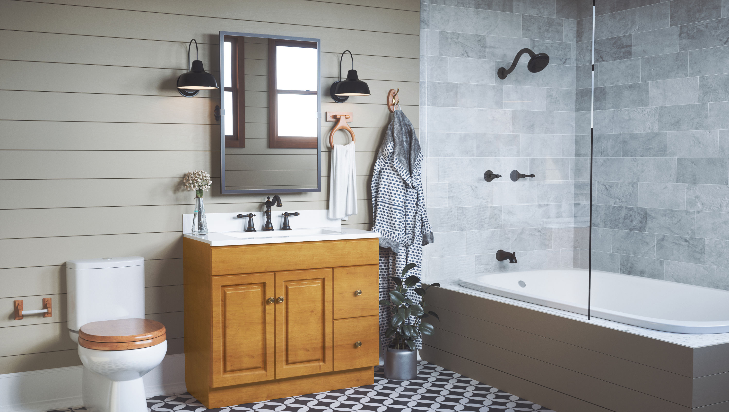 Mezcladora para bañera y regadera redonda de 2 manijas en color negro mate de la línea Oakmont de Design House con válvula de 4.5 pulgadas y función única
