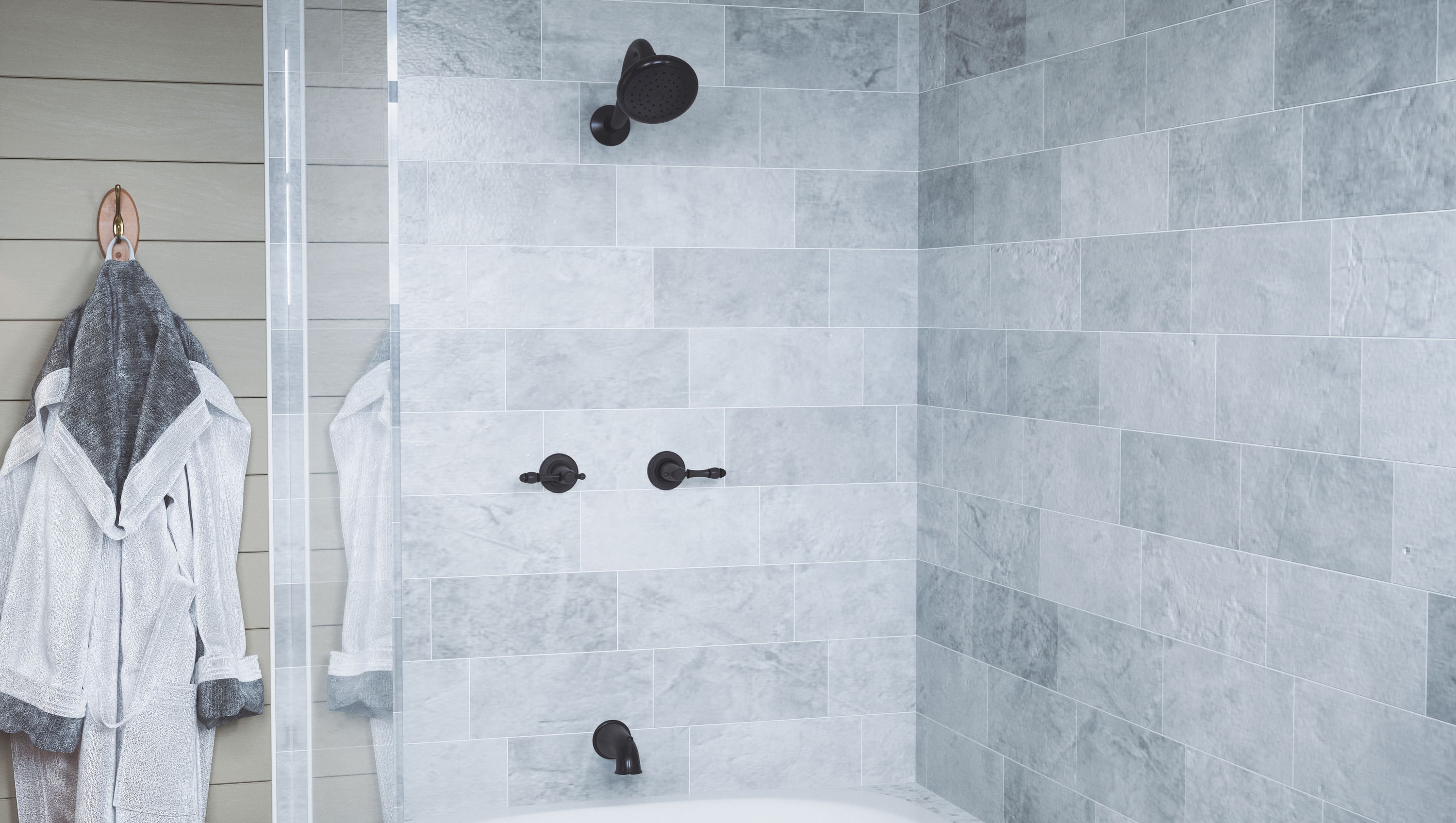 Mezcladora para bañera y regadera redonda de 2 manijas en color negro mate de la línea Oakmont de Design House con válvula de 4.5 pulgadas y función única