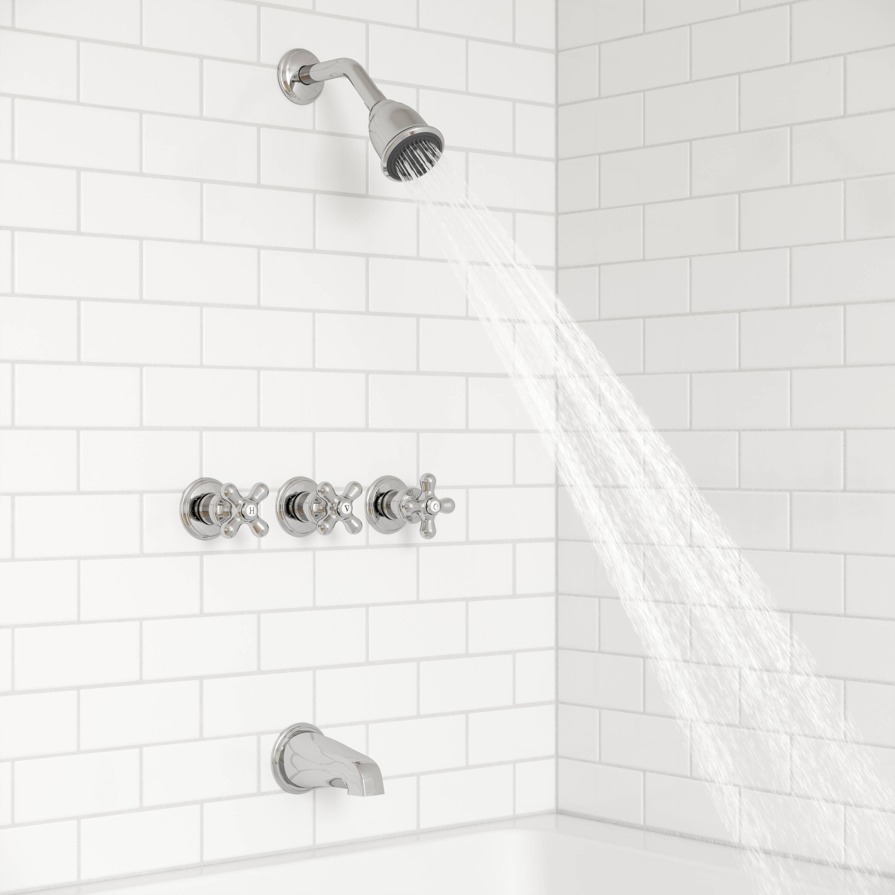Serie Pfister Pfirst: Grifo de bañera y ducha redondo de 2.97 pulgadas con 3 manijas cromadas y función múltiple LG01-8CBC
