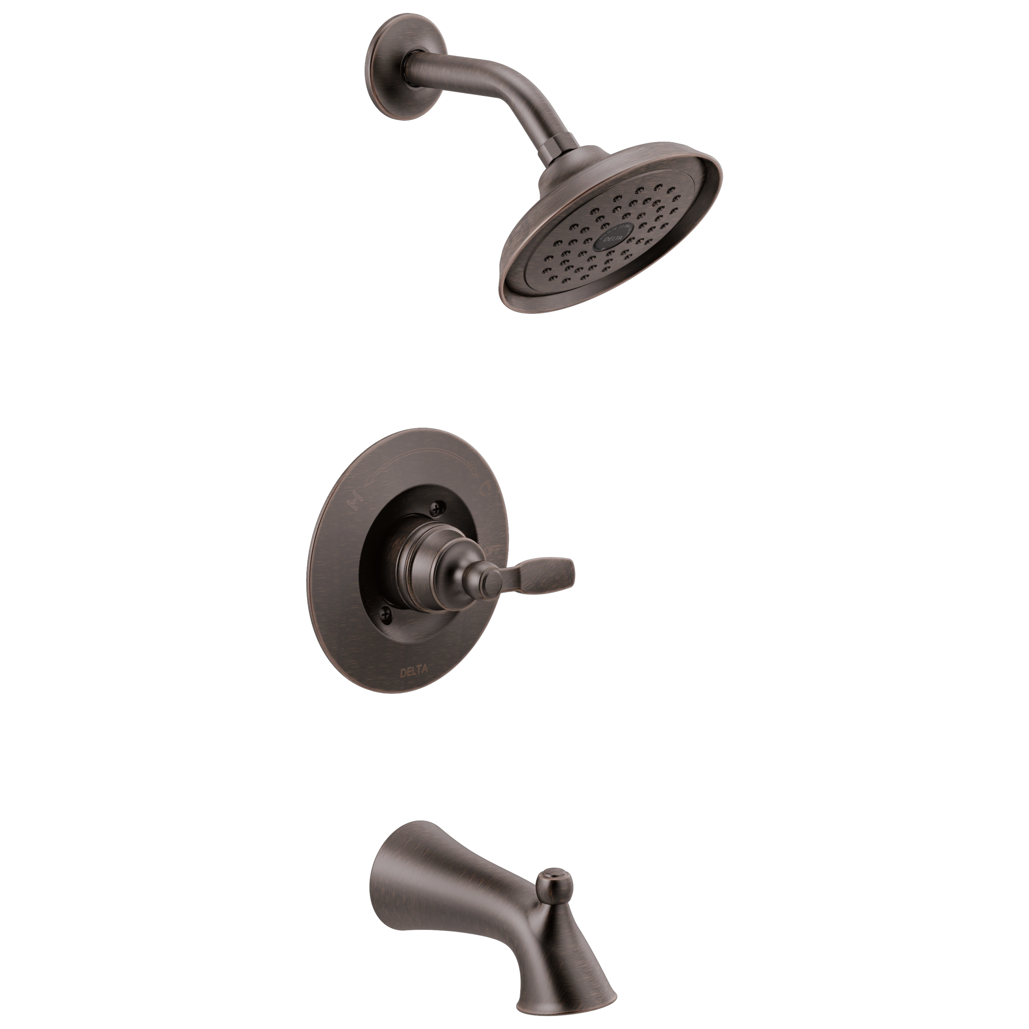 Grifo de bañera redonda y ducha de función única de 6.0 pulgadas con un mango en bronce veneciano Woodhurst Delta T14432-RB