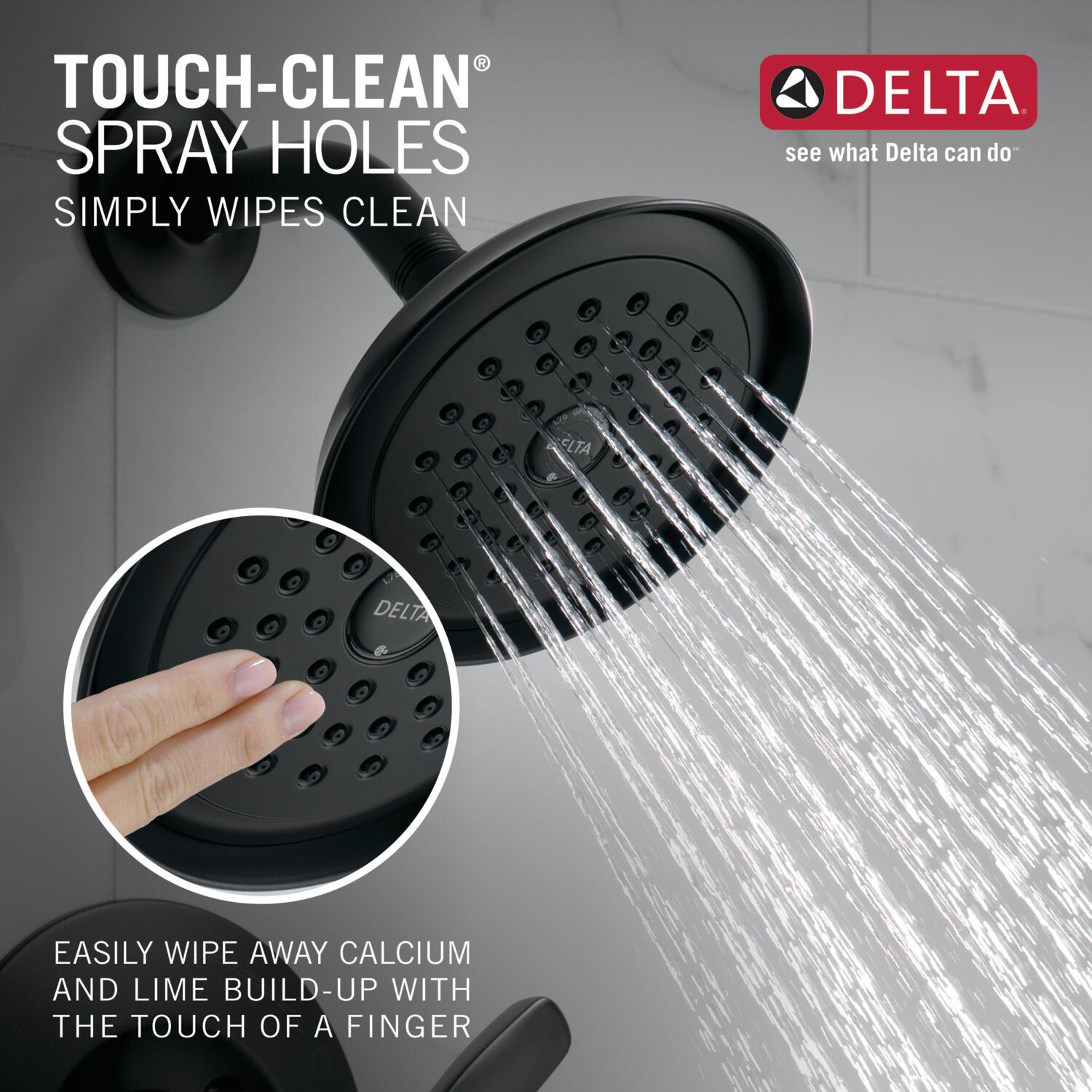 Grifo para bañera y ducha redonda de 6.0 pulgadas, con acabado negro mate, de una sola manija y función única Woodhurst de Delta T14432-BL.