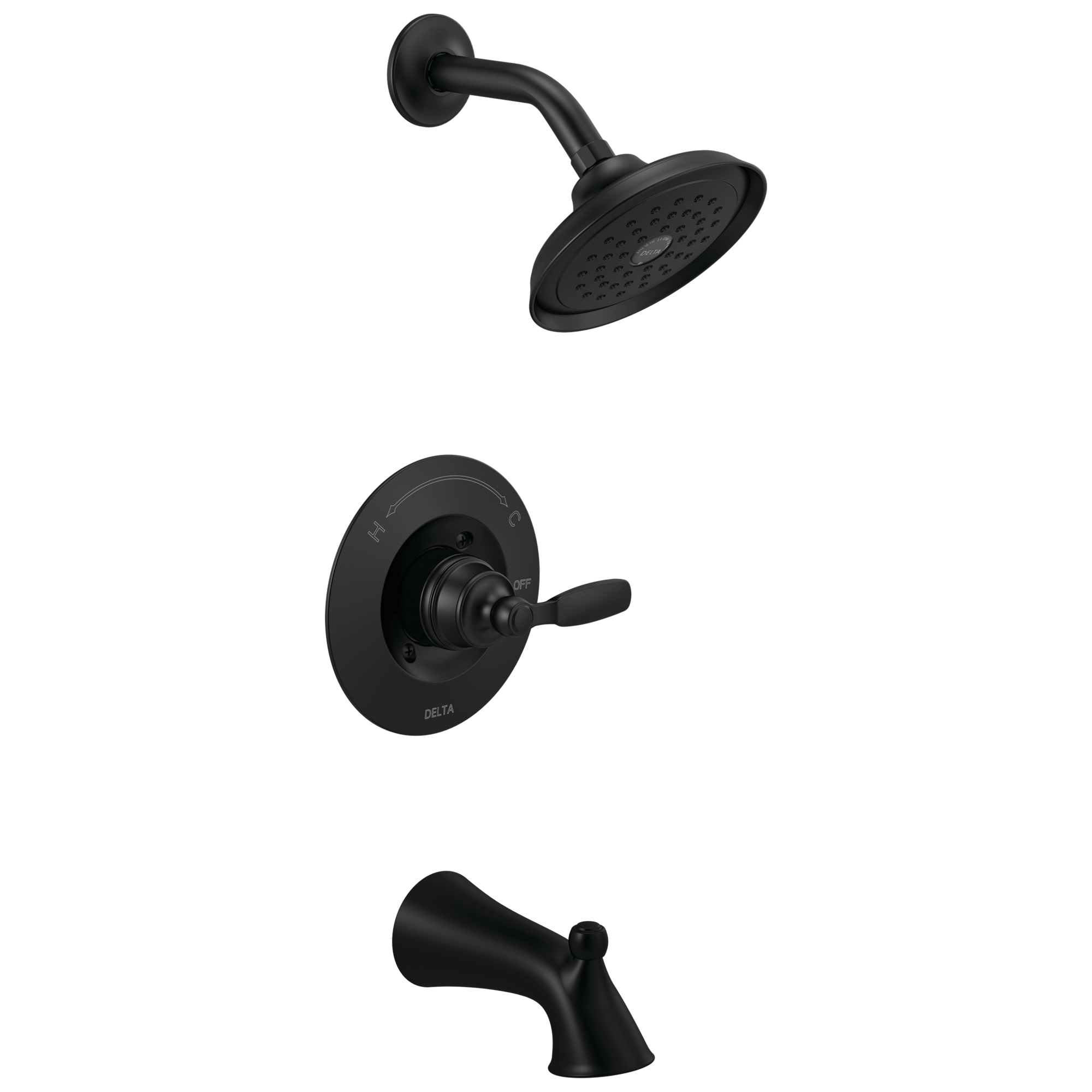 Grifo para bañera y ducha redonda de 6.0 pulgadas, con acabado negro mate, de una sola manija y función única Woodhurst de Delta T14432-BL.