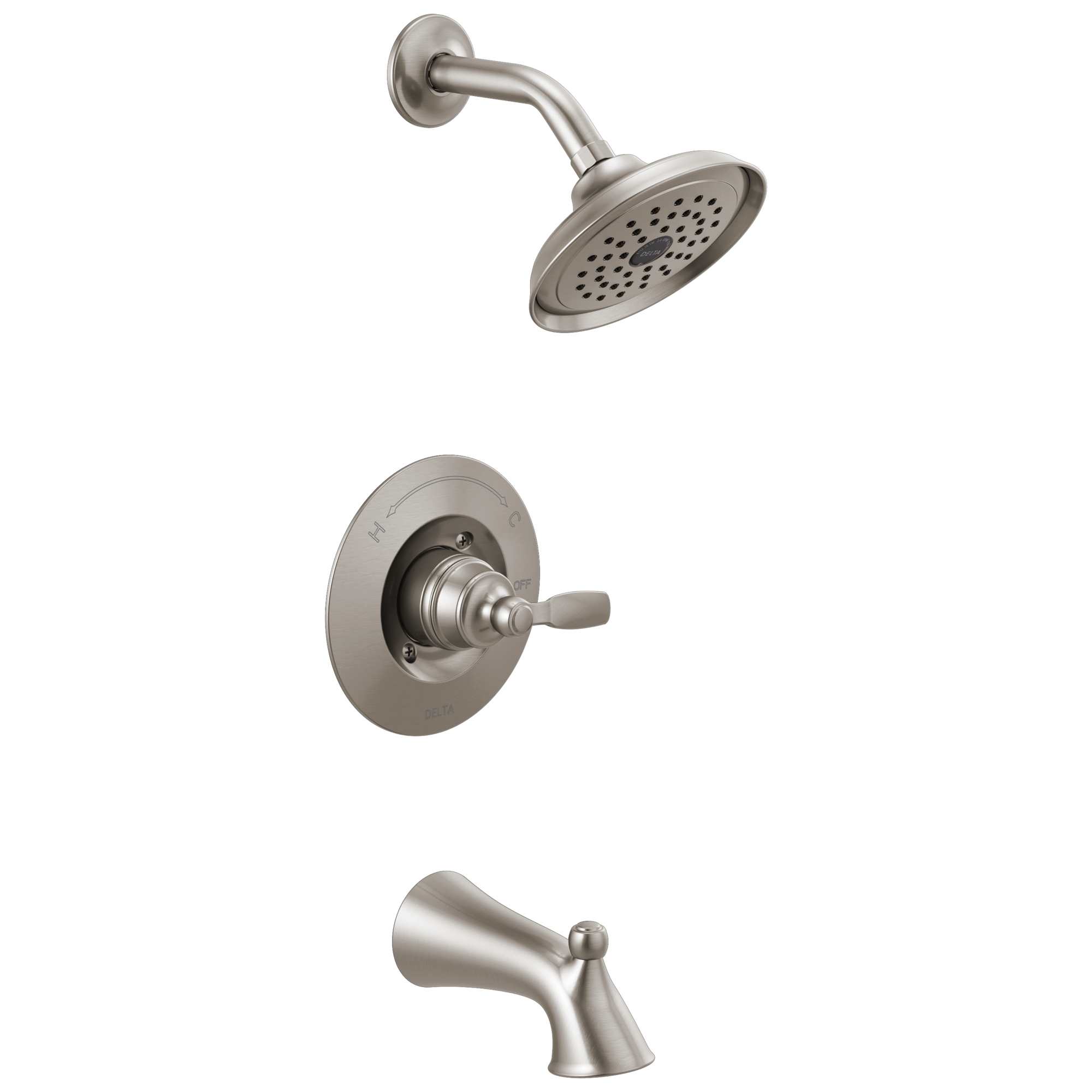 Grifo de bañera y ducha redondo de acero inoxidable Delta Woodhurst con una sola manija y función única de 6.0 pulgadas T14432-SS