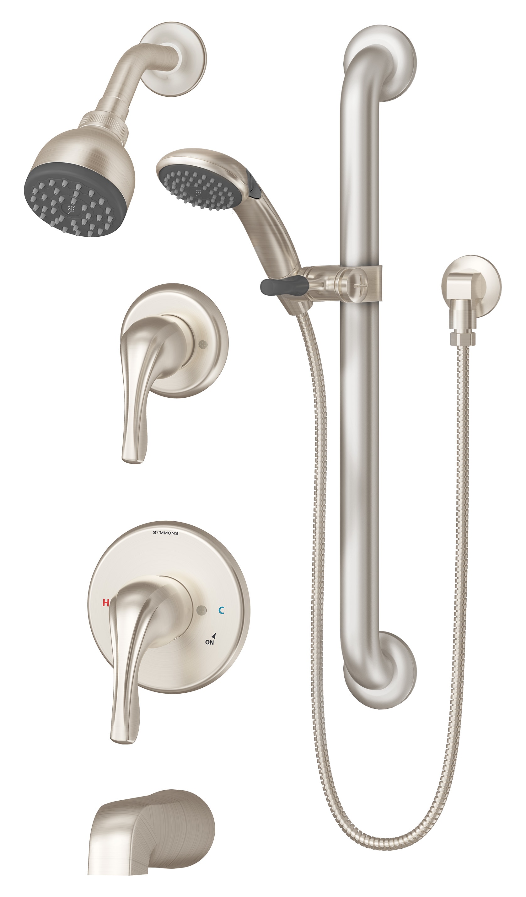 Grifo para bañera y ducha redondo de 2 asas en níquel satinado Symmons Origins con válvula de función única de 2.76 pulgadas