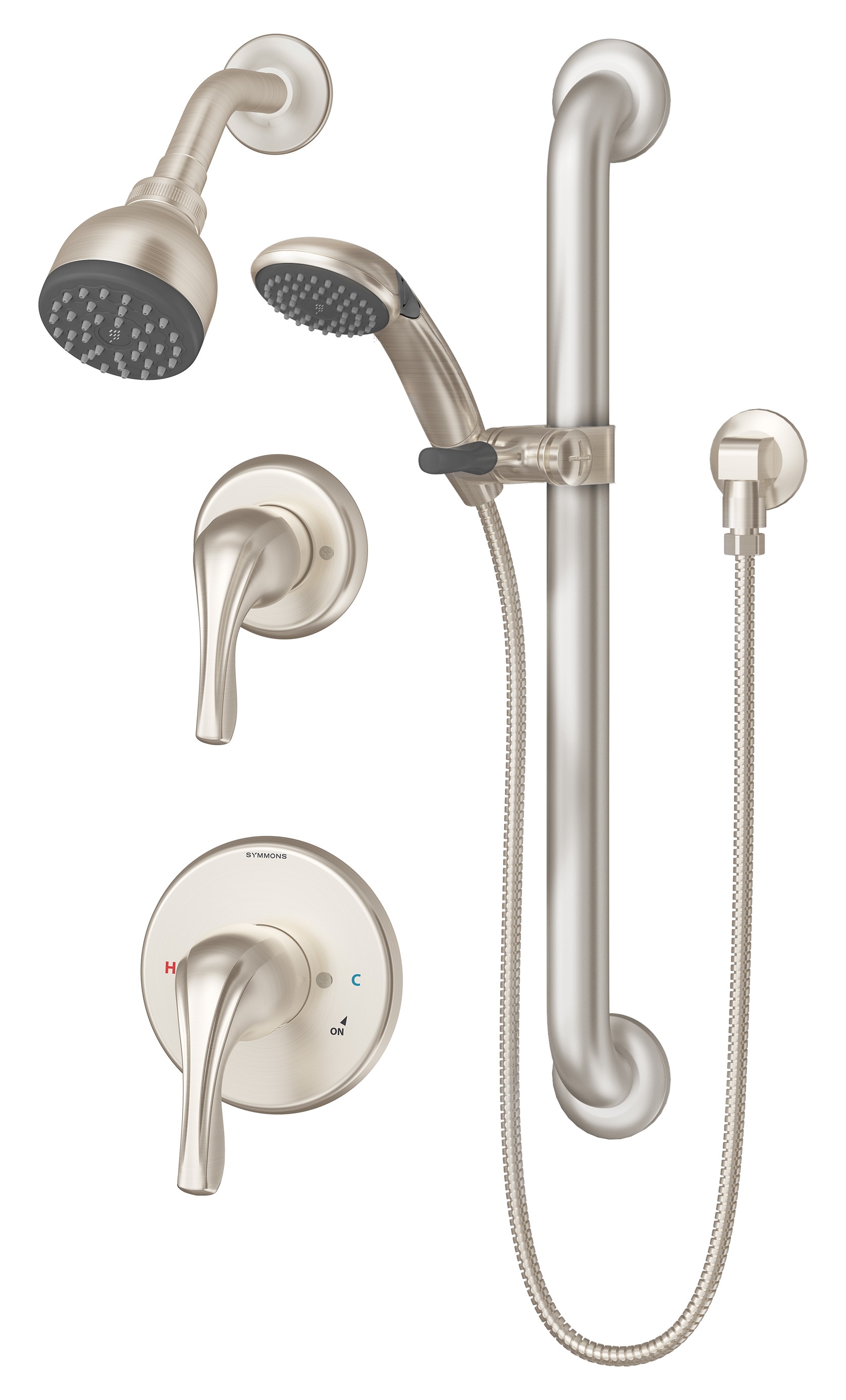 Grifo para bañera y ducha redondo de 2.76 pulgadas, de dos manijas y función individual en níquel satinado de la línea Orígenes de Symmons con válvula 9605-PLR-STN
