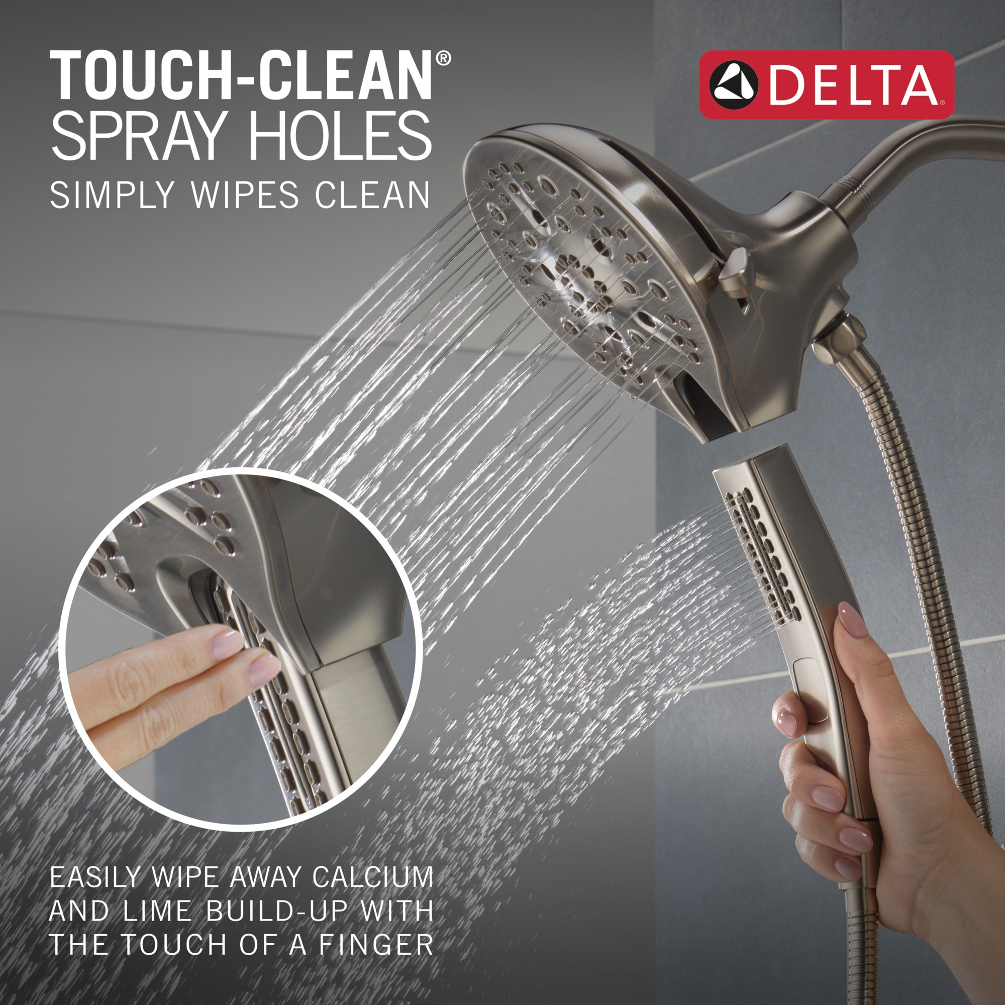 Grifo para bañera y ducha redonda de 5 pulgadas con dos manijas de acero inoxidable con recubrimiento briloso Delta Tetra Lumicoat