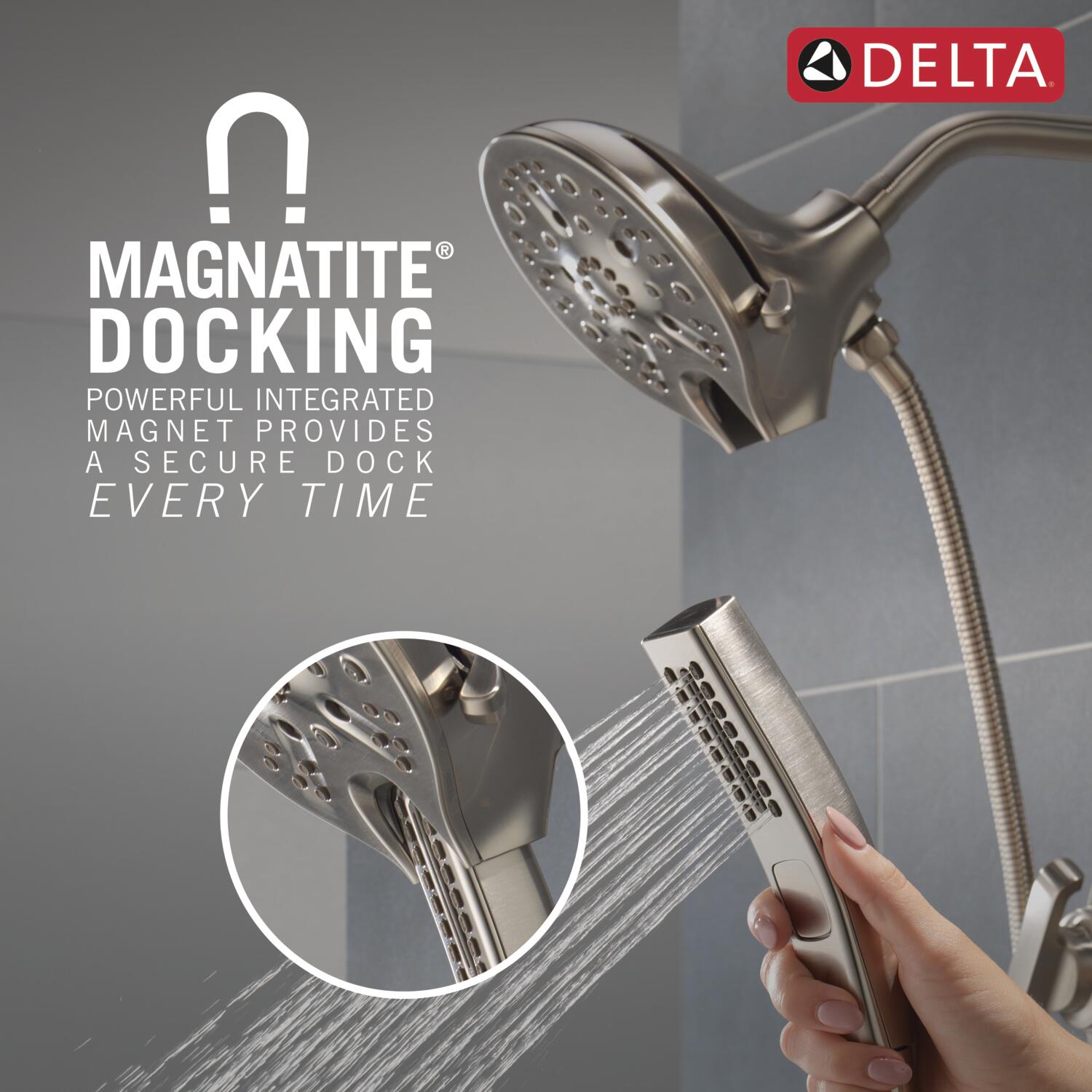 Grifo para bañera y ducha redonda de 5 pulgadas con dos manijas de acero inoxidable con recubrimiento briloso Delta Tetra Lumicoat