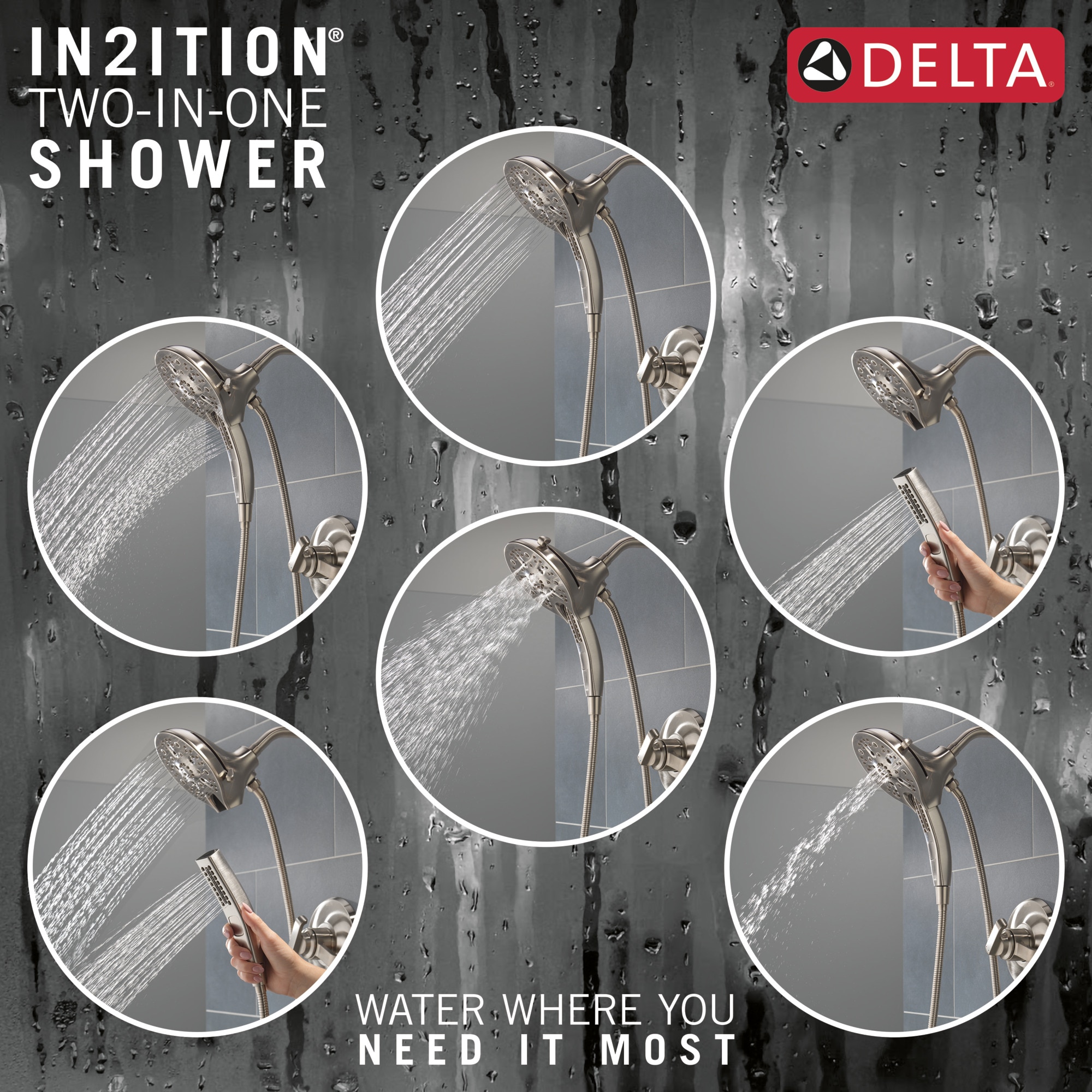 Grifo para bañera y ducha redonda de 5 pulgadas con dos manijas de acero inoxidable con recubrimiento briloso Delta Tetra Lumicoat