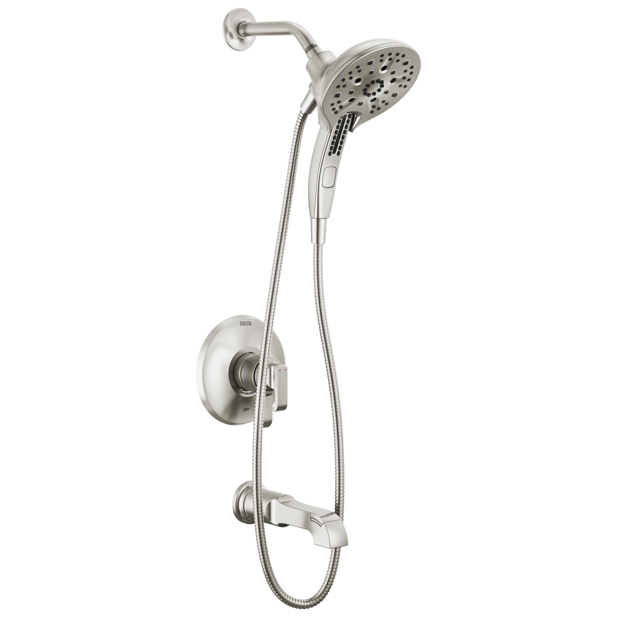 Grifo para bañera y ducha redonda de 5 pulgadas con dos manijas de acero inoxidable con recubrimiento briloso Delta Tetra Lumicoat