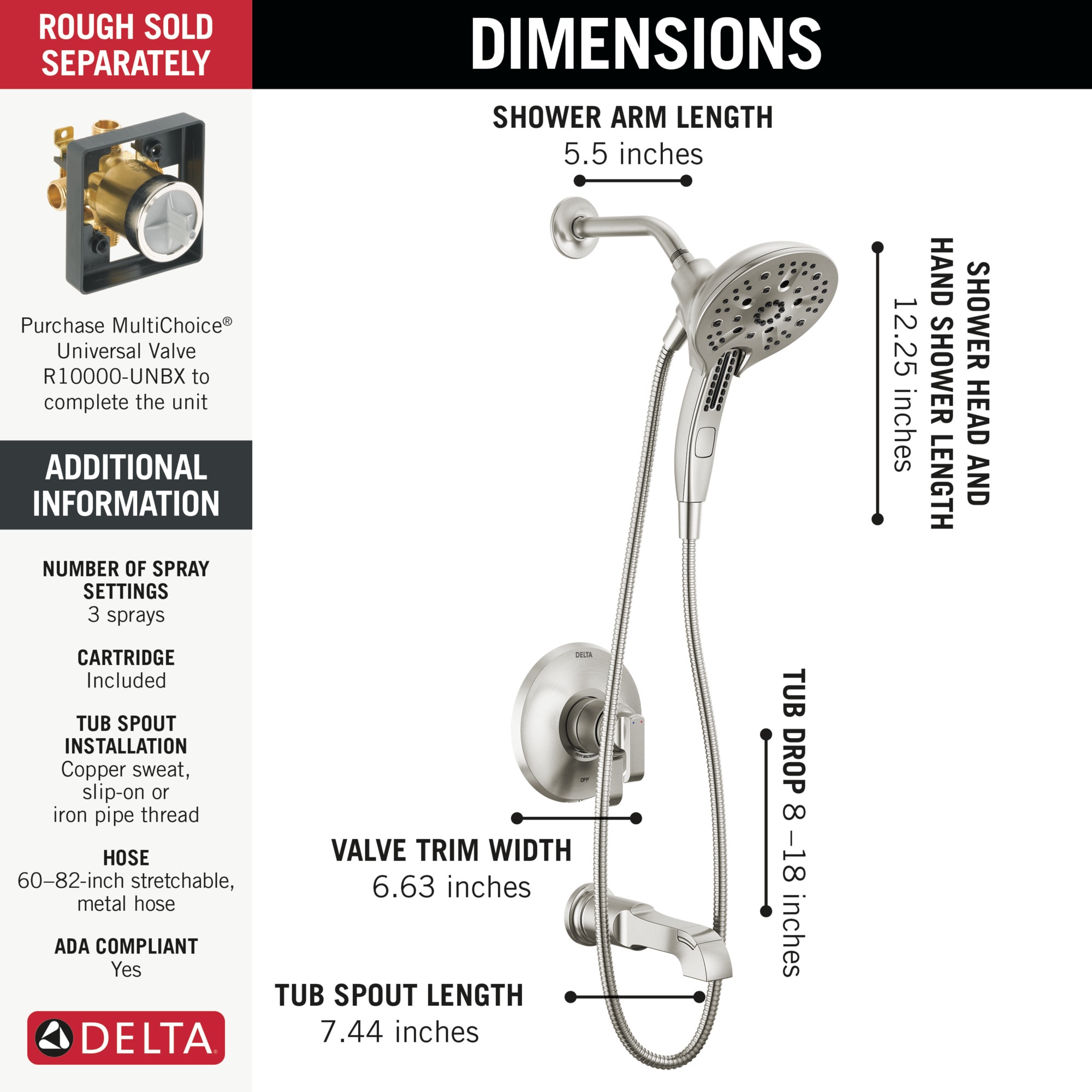 Grifo para bañera y ducha redonda de 5 pulgadas con dos manijas de acero inoxidable con recubrimiento briloso Delta Tetra Lumicoat