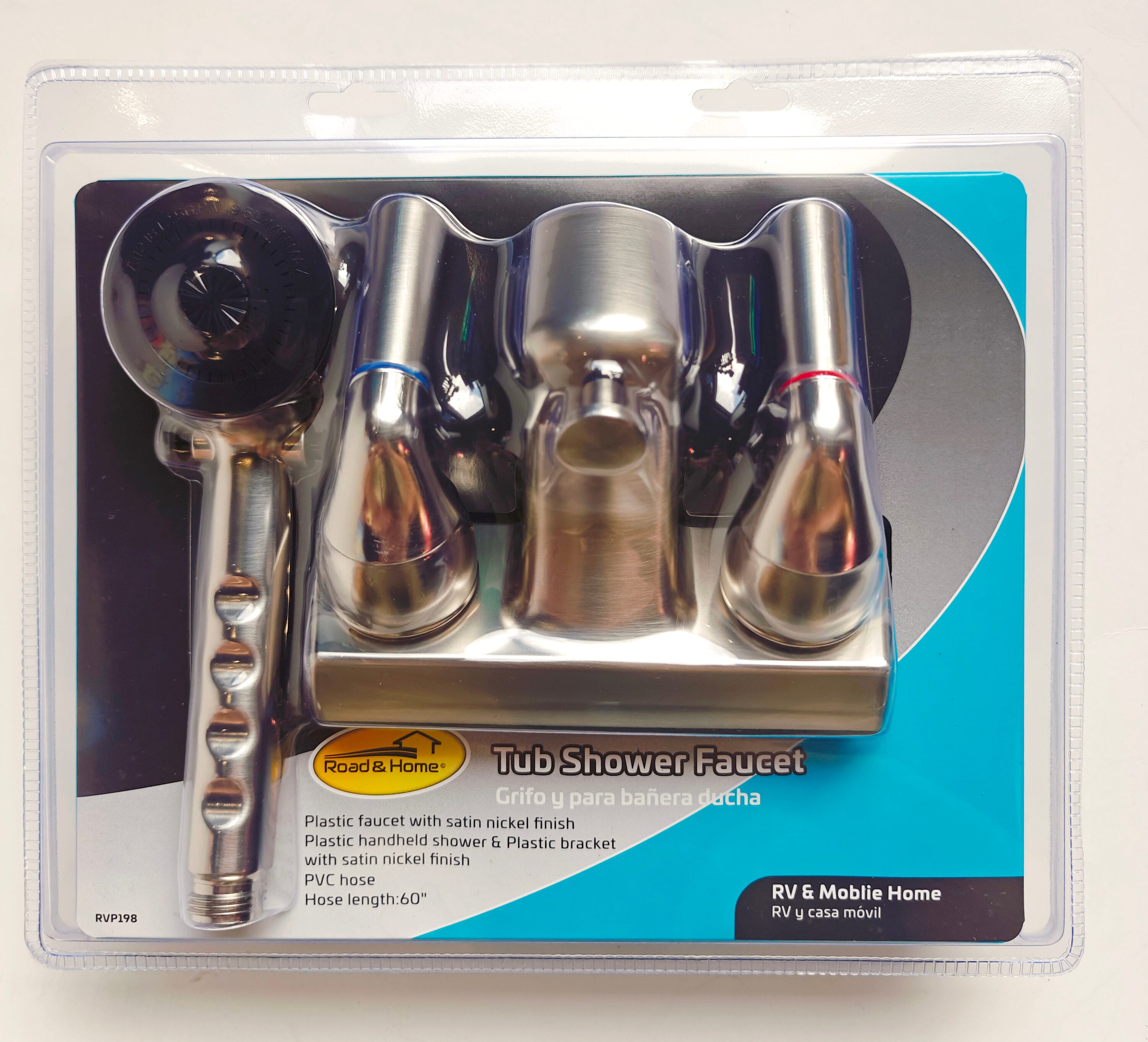 Grifo de bañera y ducha de mano con 2 asas cromadas de 4 pulgadas Rectangular Road & Home con válvula RVP198