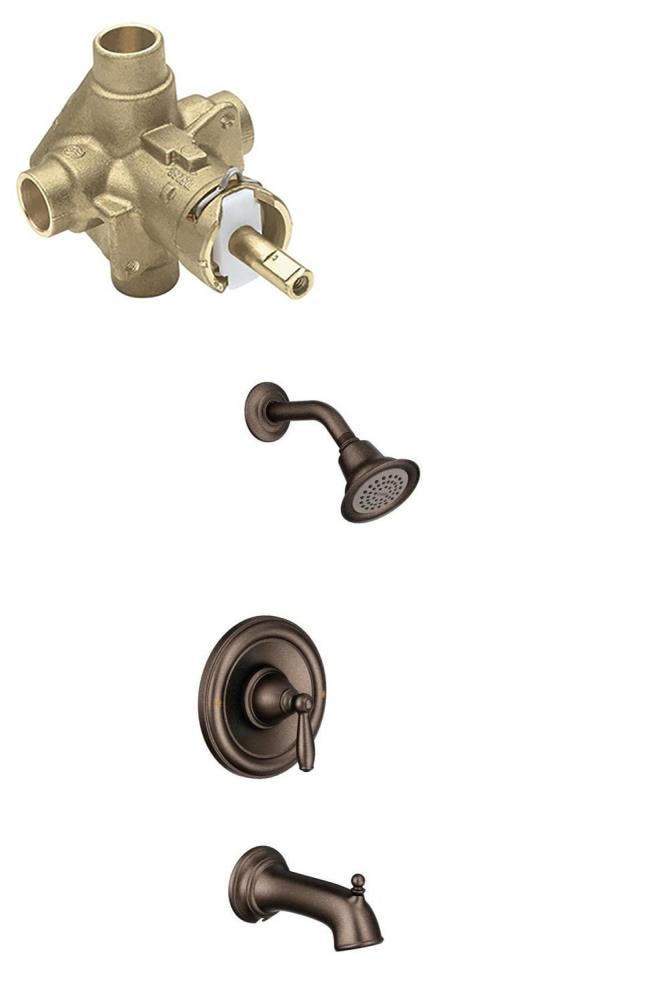 Grifo para bañera y ducha con un solo mango de bronce aceitado de la marca Moen Brantford, función simple, redondo de 3.5 pulgadas con válvula T2153ORB-2520-L.