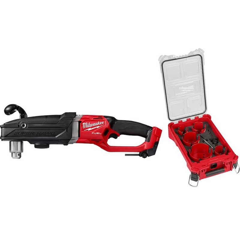 Milwaukee M18 FUEL 18-Volt Lithium-Ion Brushless Cordless GEN 2 Super Hawg Taladro Angular Derecho de 1/2 pulgadas con Kit de 9 piezas PACKOUT de sierra perforadora - 2809-20-49-56-9295