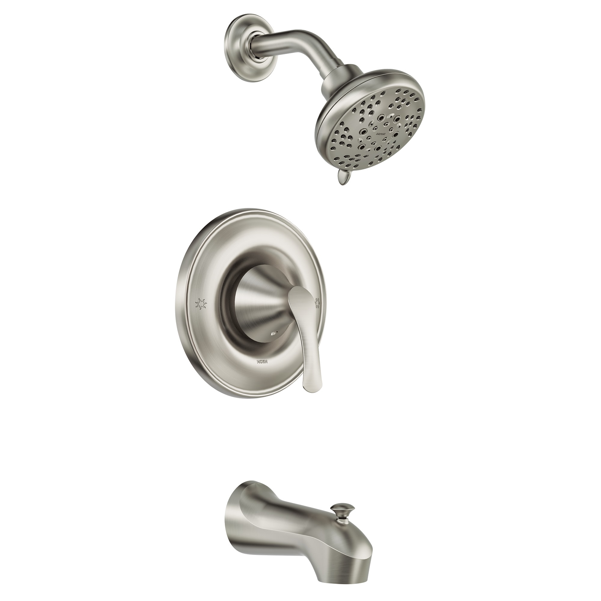 Llave mezcladora para bañera y regadera de 1 mango de níquel cepillado resistente a manchas de Moen, con función multiusos de 4 pulgadas y válvula