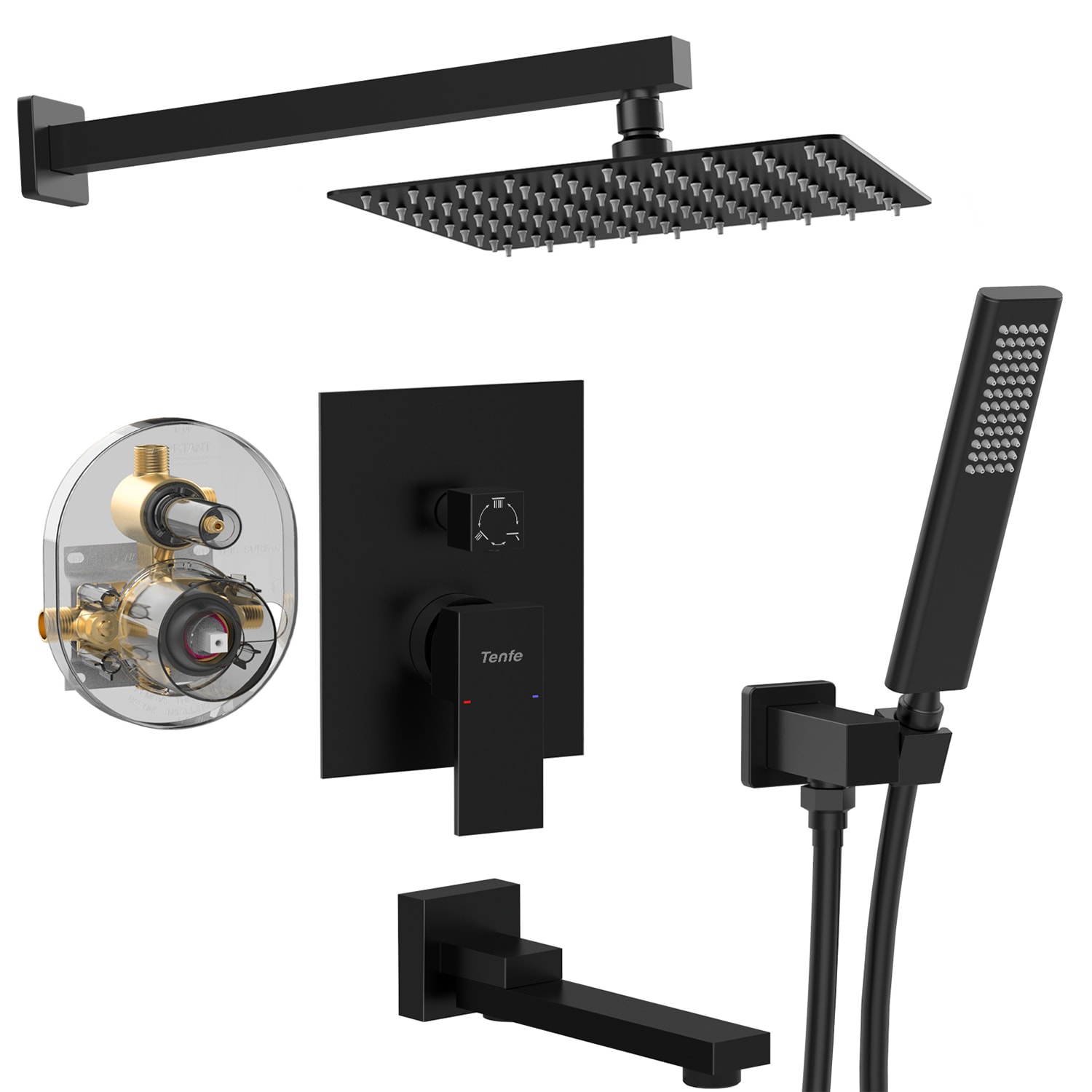 Mezcladora de bañera y regadera cuadrada de 10 pulgadas, color negro mate de un solo mango y función única de Fapully con válvula FA-N-3005B-10
