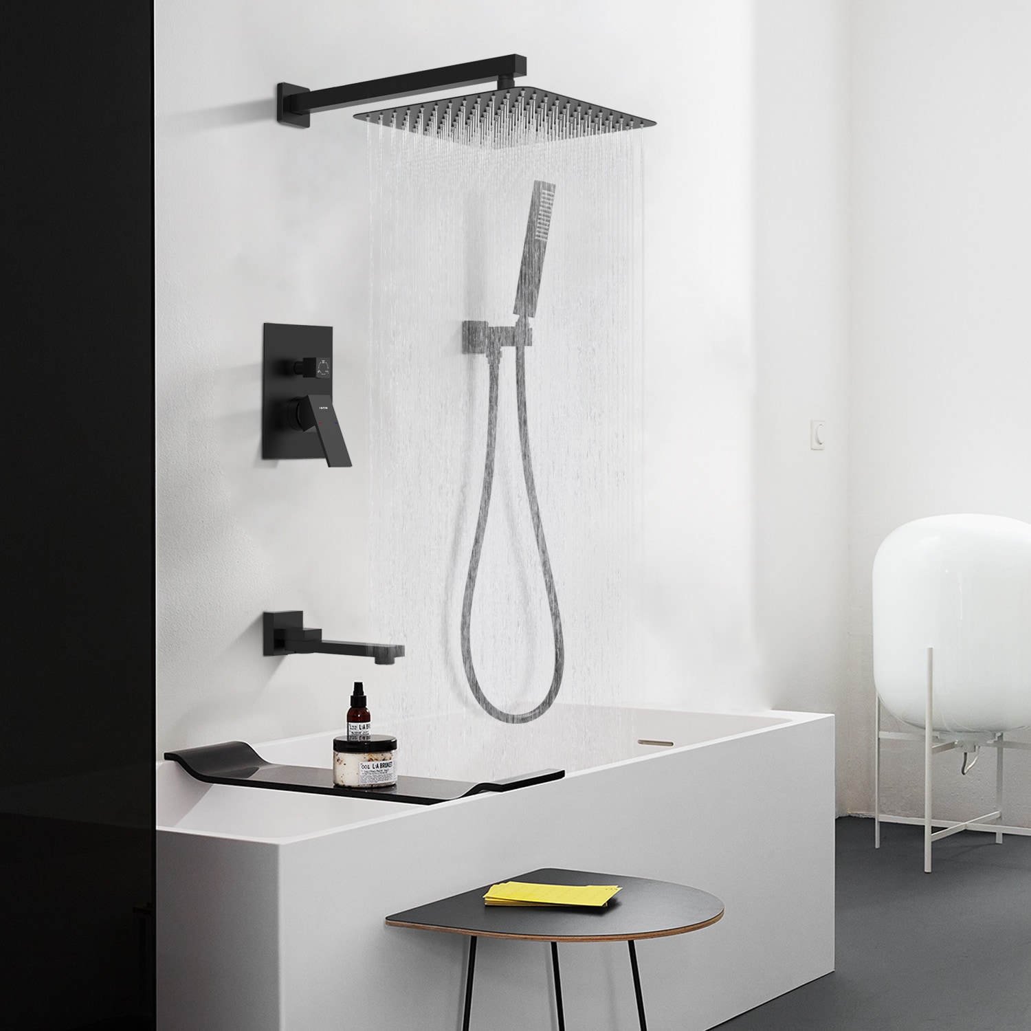 Mezcladora de bañera y regadera cuadrada de 10 pulgadas, color negro mate de un solo mango y función única de Fapully con válvula FA-N-3005B-10