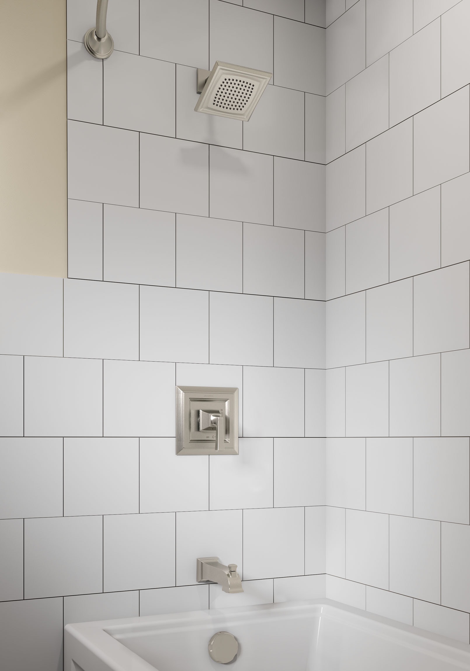 American Standard Town Square Grifo para bañera y ducha de un solo mango, 1 función, de 6.31 pulgadas cuadradas en níquel cepillado TU455502.295