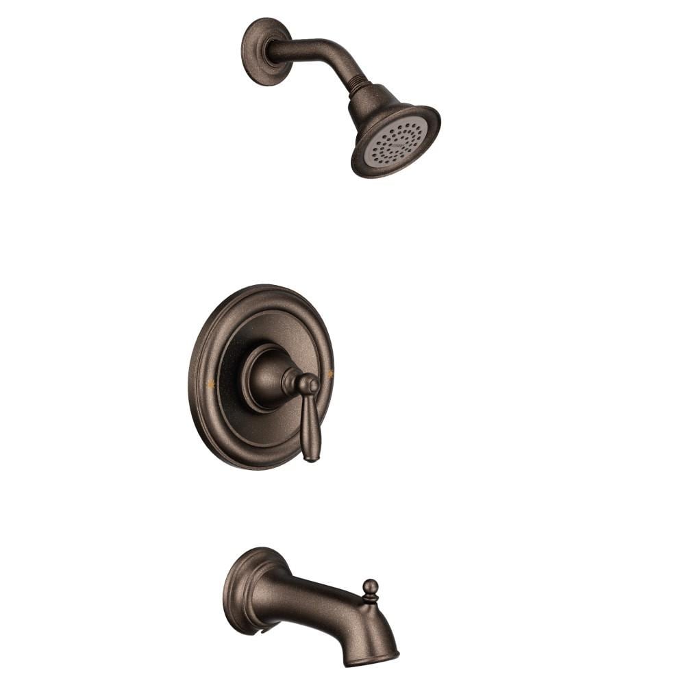 Grifo de bañera redonda y ducha con diseño Brantford en bronce envejecido de un solo mango y función única, de Moen con válvula T2153ORB-2510-L.