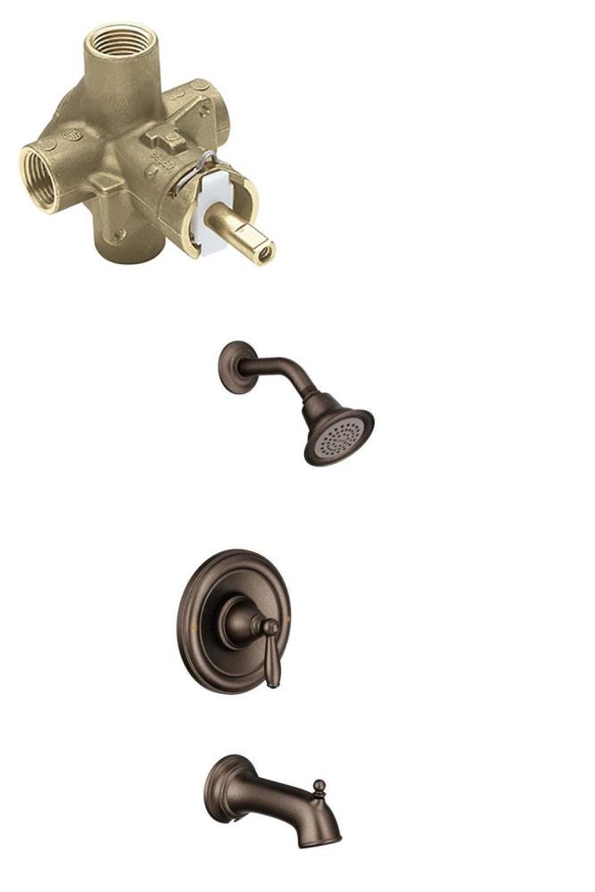 Grifo de bañera redonda y ducha con diseño Brantford en bronce envejecido de un solo mango y función única, de Moen con válvula T2153ORB-2510-L.