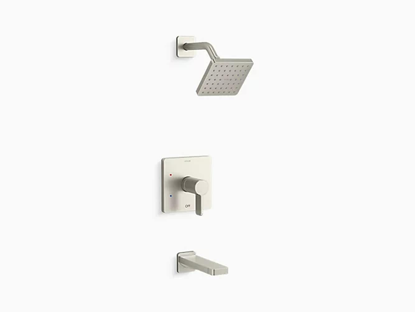 Grifo para tina y ducha cuadrado de 6.25 pulgadas, de una sola función, con control de temperatura en níquel cepillado vibrante KOHLER Rite-Temp