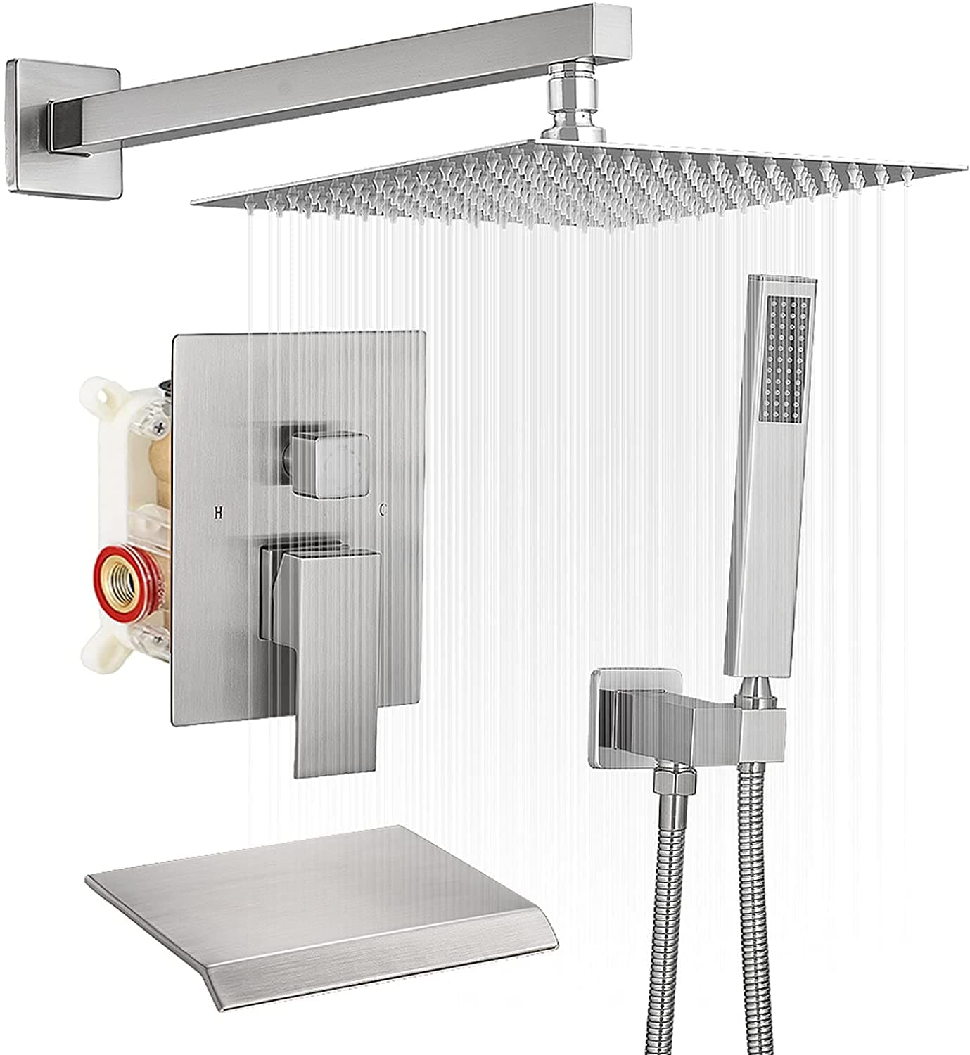 Mezcladora para regadera en níquel cepillado de 1 manija y función múltiple para bañera y regadera cuadrada de 12 pulgadas con válvula A-95012-N-S