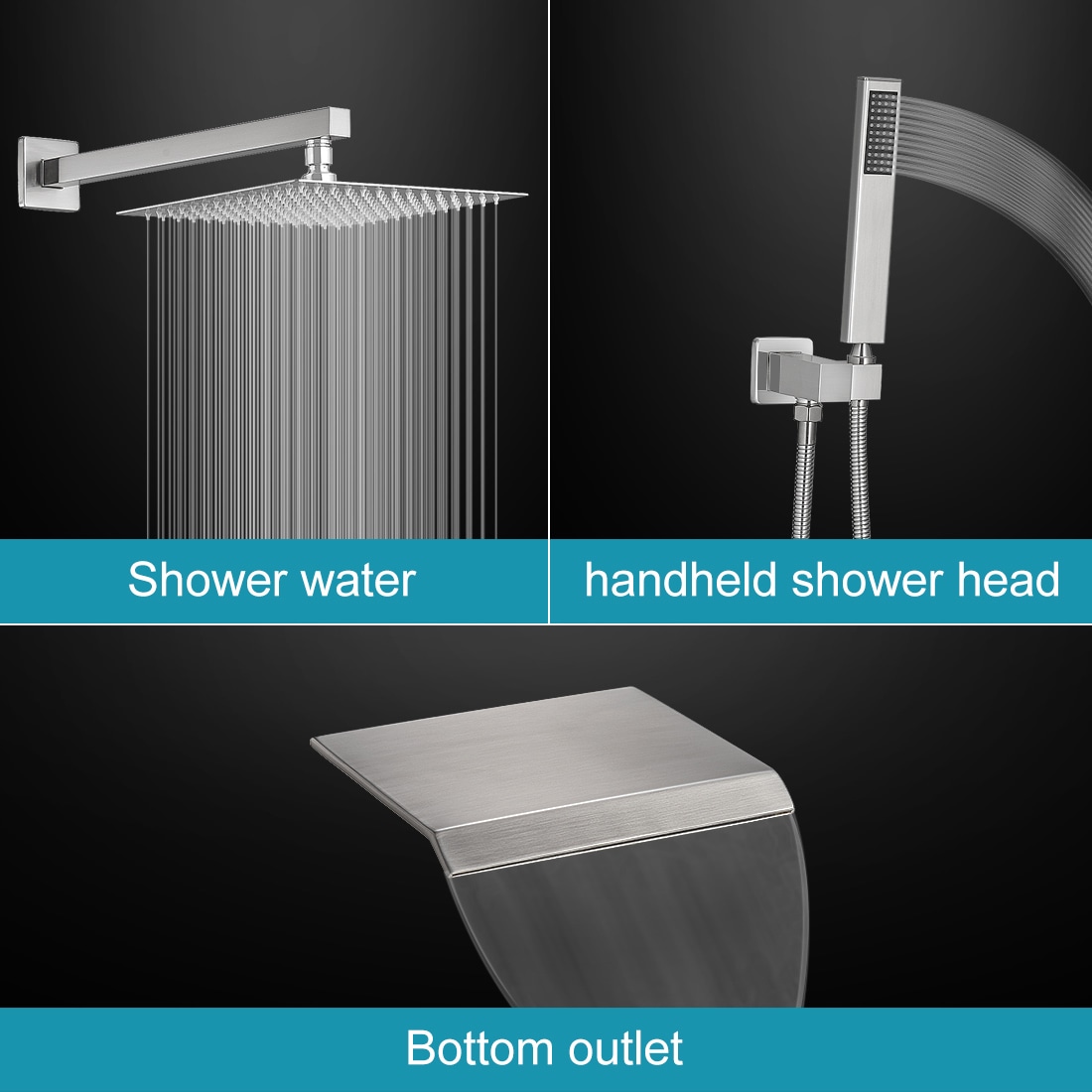 Mezcladora para regadera en níquel cepillado de 1 manija y función múltiple para bañera y regadera cuadrada de 12 pulgadas con válvula A-95012-N-S