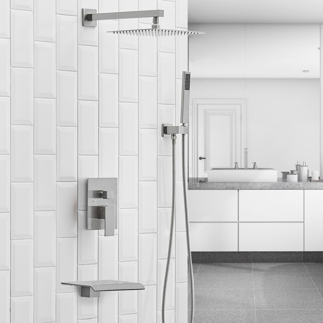 Mezcladora para regadera en níquel cepillado de 1 manija y función múltiple para bañera y regadera cuadrada de 12 pulgadas con válvula A-95012-N-S