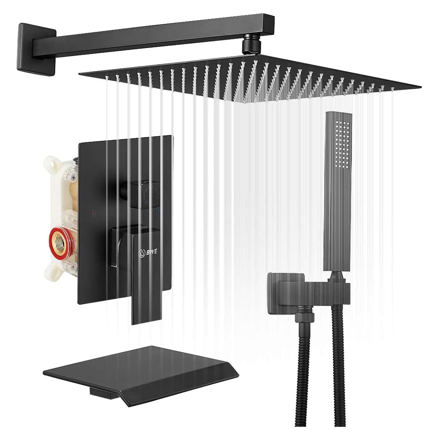 Mezcladora para regadera negro mate de 1 manija multifunción de 12 pulgadas para bañera y regadera con válvula A-95012-Negro