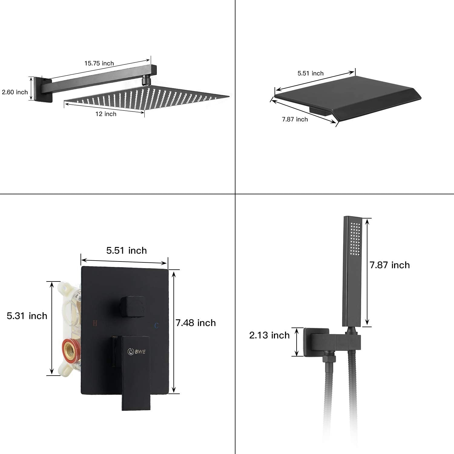 Mezcladora para regadera negro mate de 1 manija multifunción de 12 pulgadas para bañera y regadera con válvula A-95012-Negro