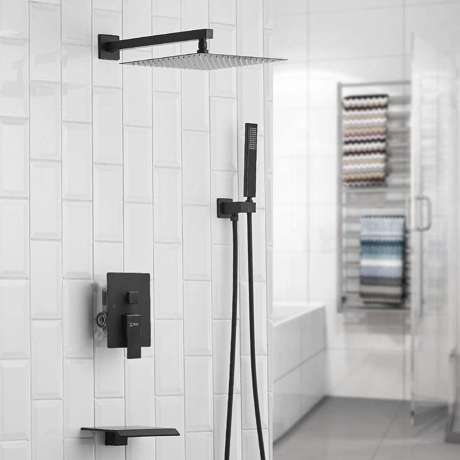 Mezcladora para regadera negro mate de 1 manija multifunción de 12 pulgadas para bañera y regadera con válvula A-95012-Negro