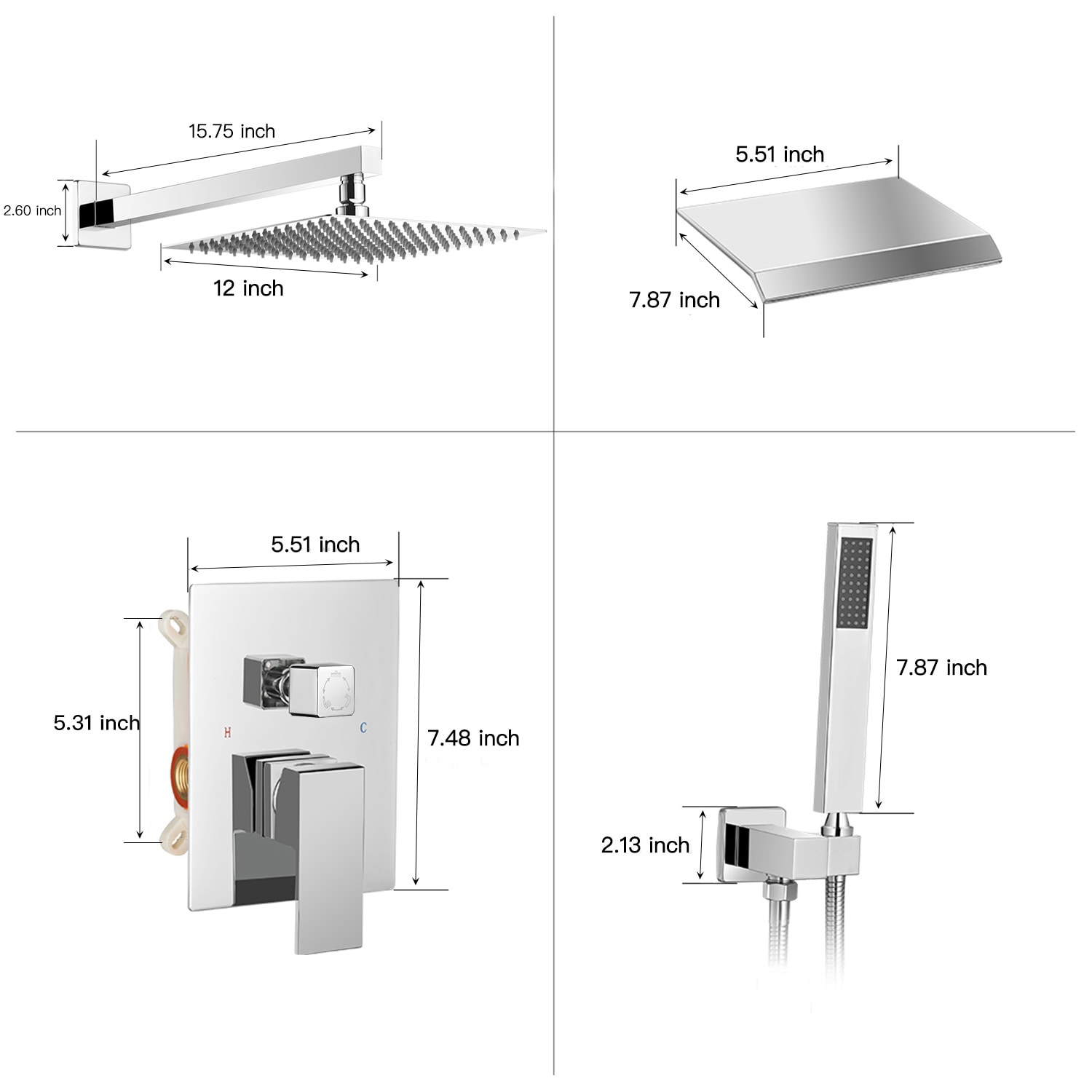 Grifería para regadera BWE A-95012 Cromo pulido de una sola manija, multi-función, de 12 pulgadas, cuadrada para bañera y regadera con válvula A-95012-C-S